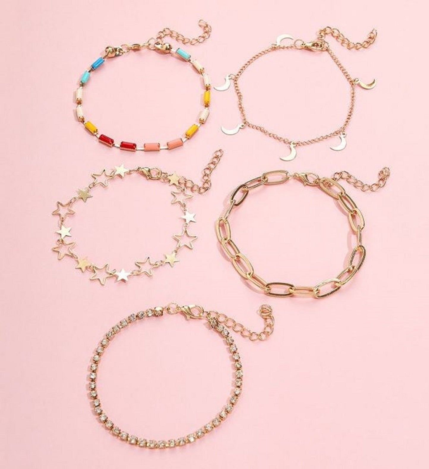 Bohemian Gold Color Moon Star Crystal Anklets Multi Designed Bracelets Boho Style - Friendship, Mother's Day, Just Because, Beach