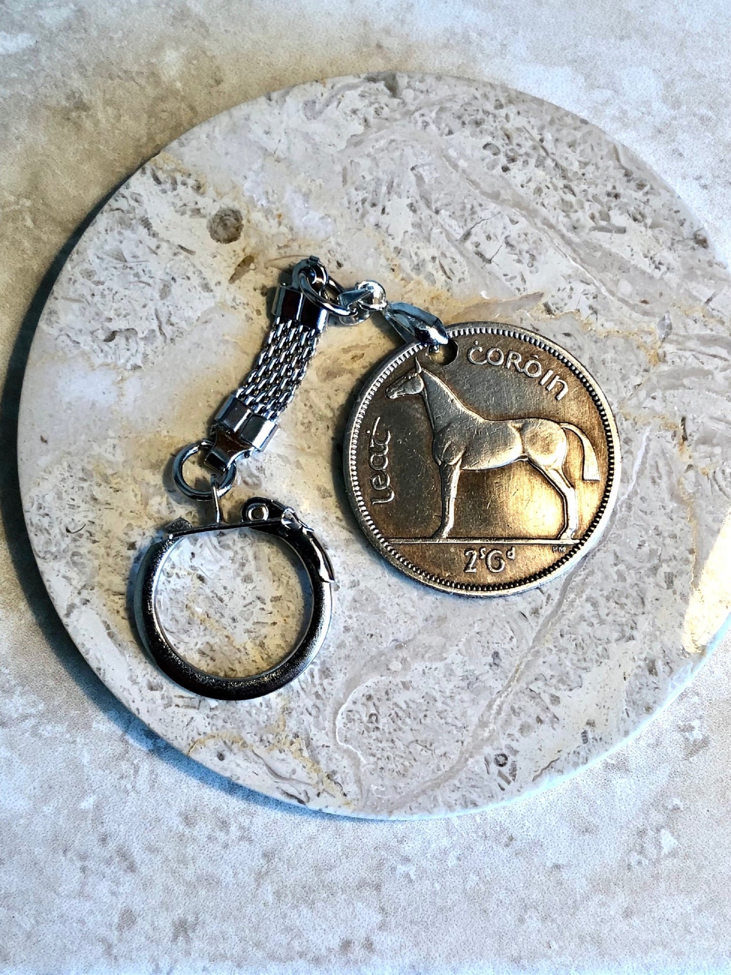 Ireland Coin Keychain Irish Half Crown Lear Harp Rare Find Celtic Vintage Antique Finished By Hand Personal & Limited Supply -