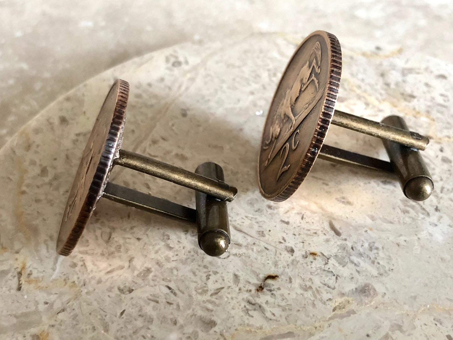 South Africa Coin Cuff Links African 2 Cents Personal Cufflinks Vintage Handmade Jewelry Gift Friend Charm For Him Her World Coin Collector