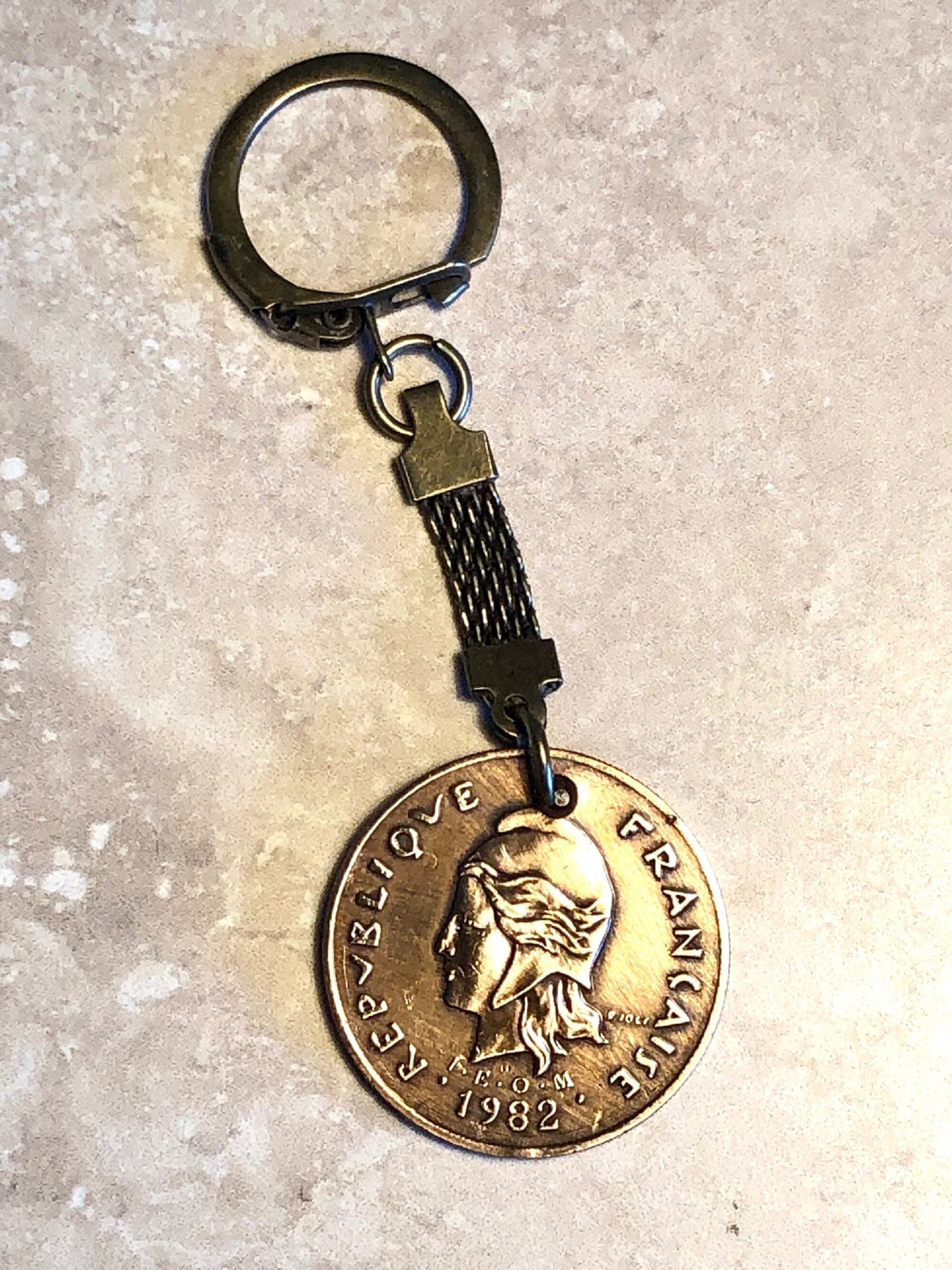 French Polynesia Coin Keychain 100 Francs Rare Find Vintage Personal Handmade Jewelry Gift Friend Charm For Him Her World Coin Collector
