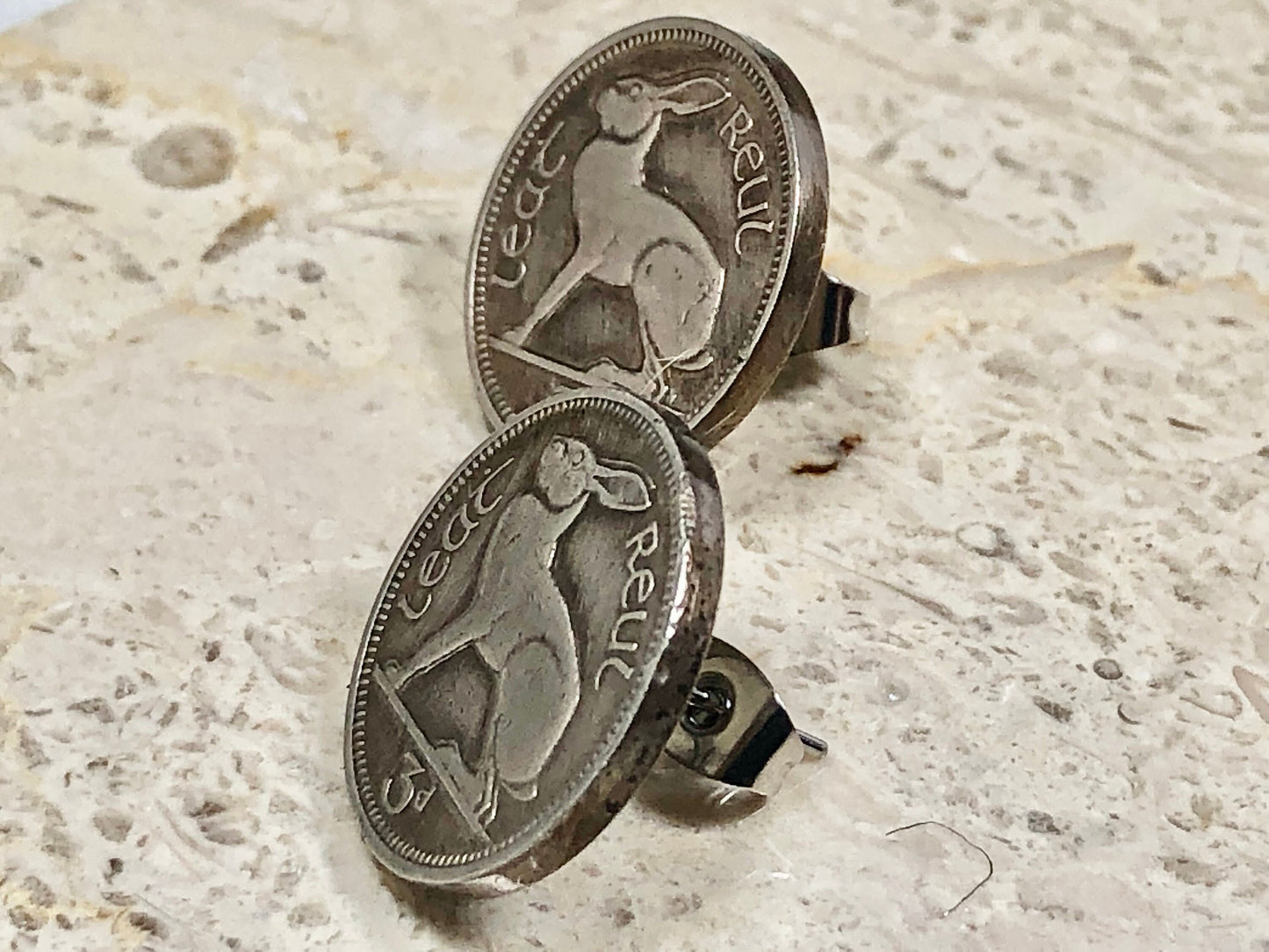 Ireland Coin Stud Earrings Irish 3 Pence Rabbit Hare Personal Vintage Handmade Jewelry Gift Friend Charm For Him Her World Coin Collector