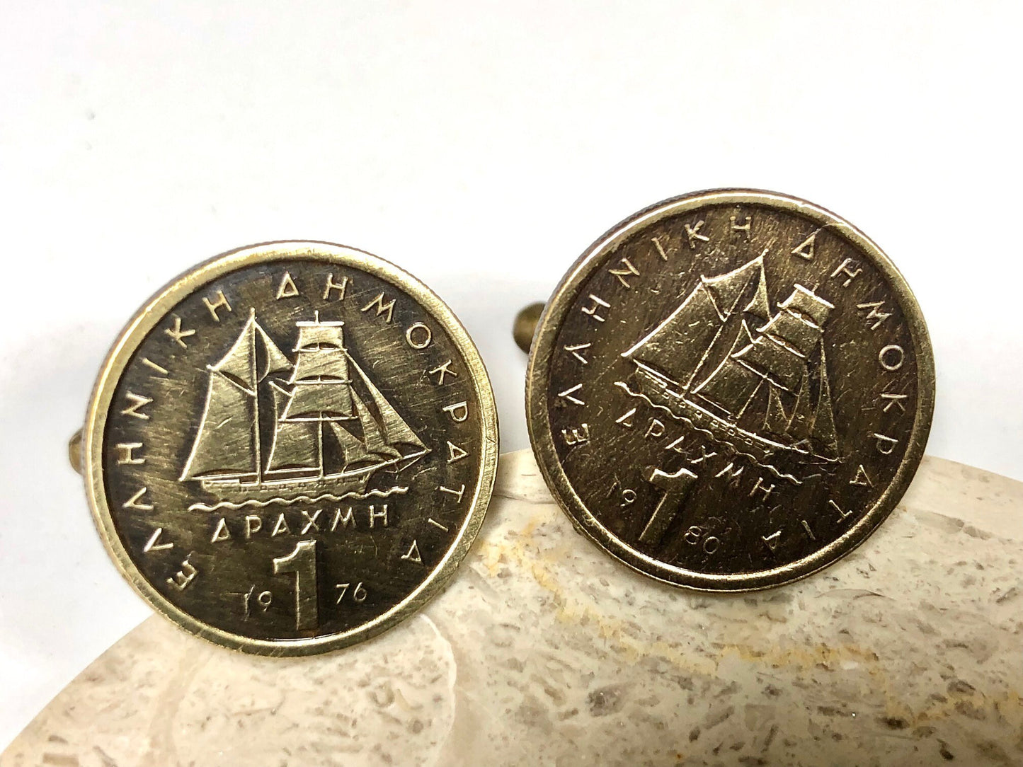 Greece Coin Cuff Links Greek 1 Drachma APAXMH Cufflinks Personal Vintage Handmade Jewelry Gift Friend Charm For Him Her World Coin Collector