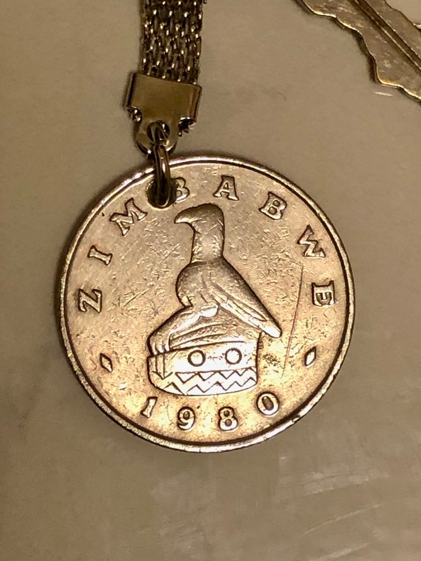 Zimbabwe Coin Keychain One Dollar Rare Find Vintage Finished By Hand Personal Good Conversation Starter Handmade