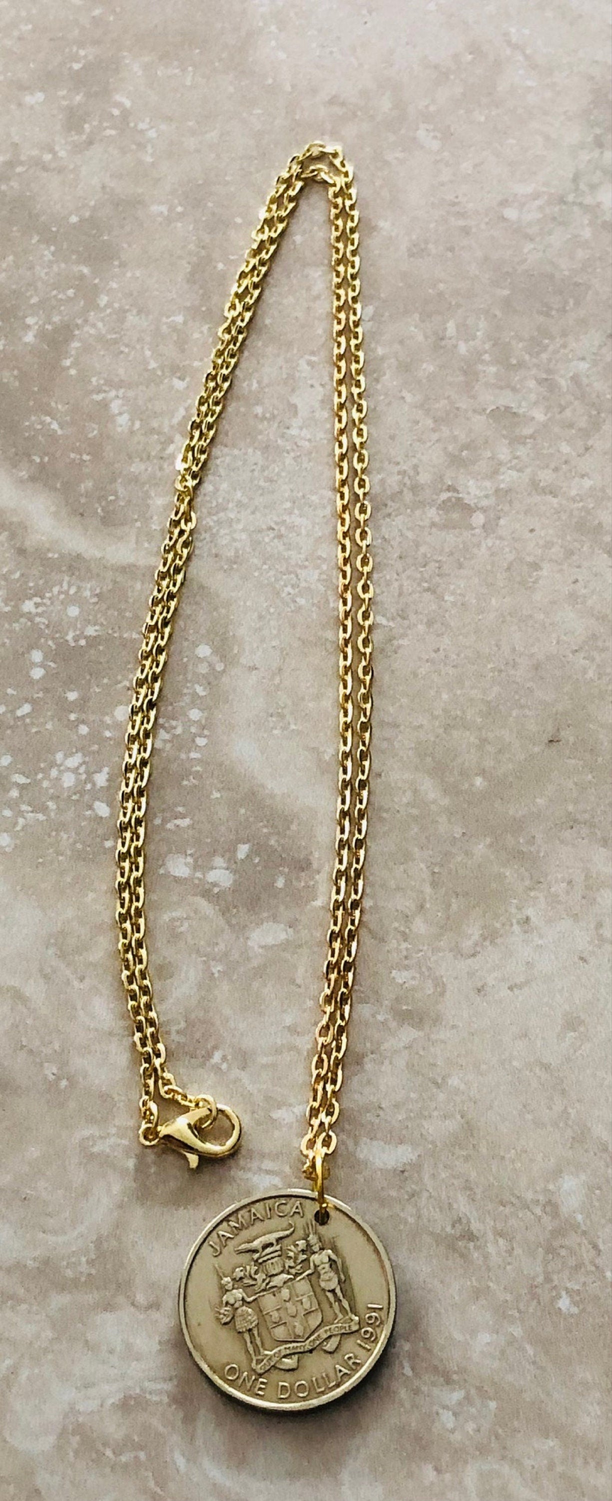Jamaica Necklace Pendant Jamaican One Dollar Coin Personal Old Vintage Handmade Jewelry Gift Friend Charm For Him Her World Coin Collector