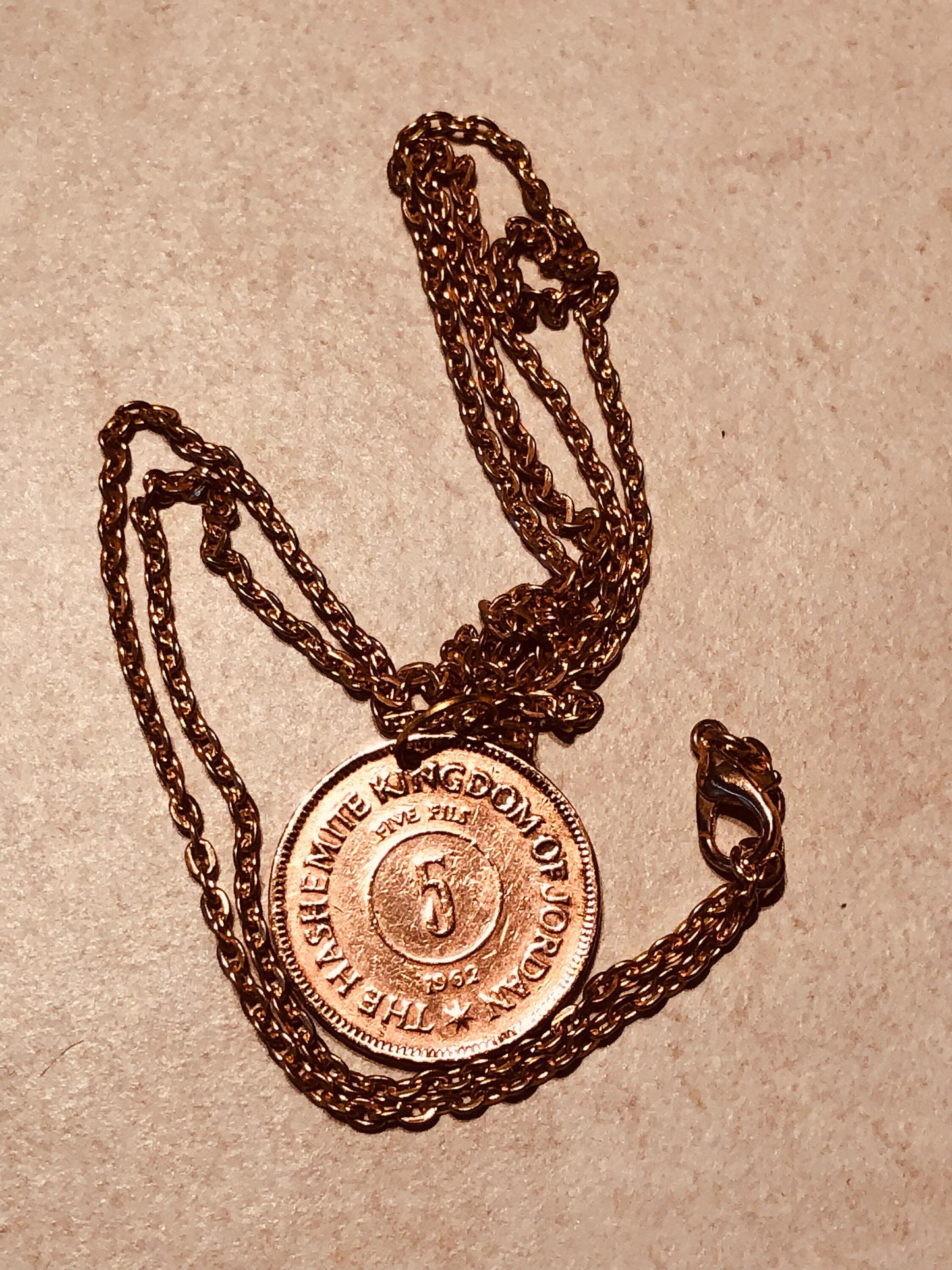Jordan Coin Necklace Kingdom of Jordan 5 Fils Coin Pendant Vintage Necklace Custom Made Rare coins - Coin Enthusiast - Fashion Accessory