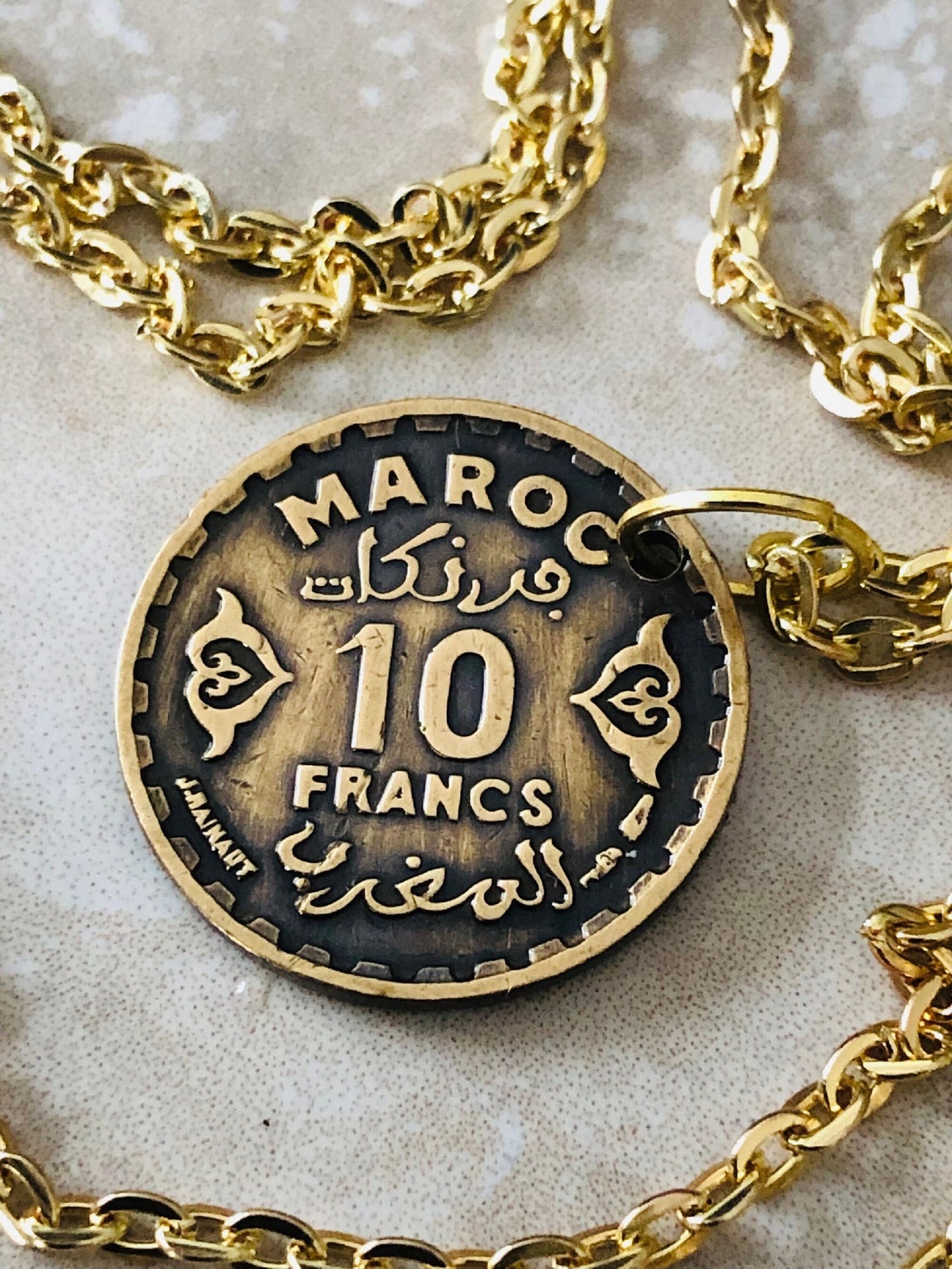 Morocco Coin 10 Francs Moroccan Pendant Personal Necklace Old Vintage Handmade Jewelry Gift Friend Charm For Him Her World Coin Collector