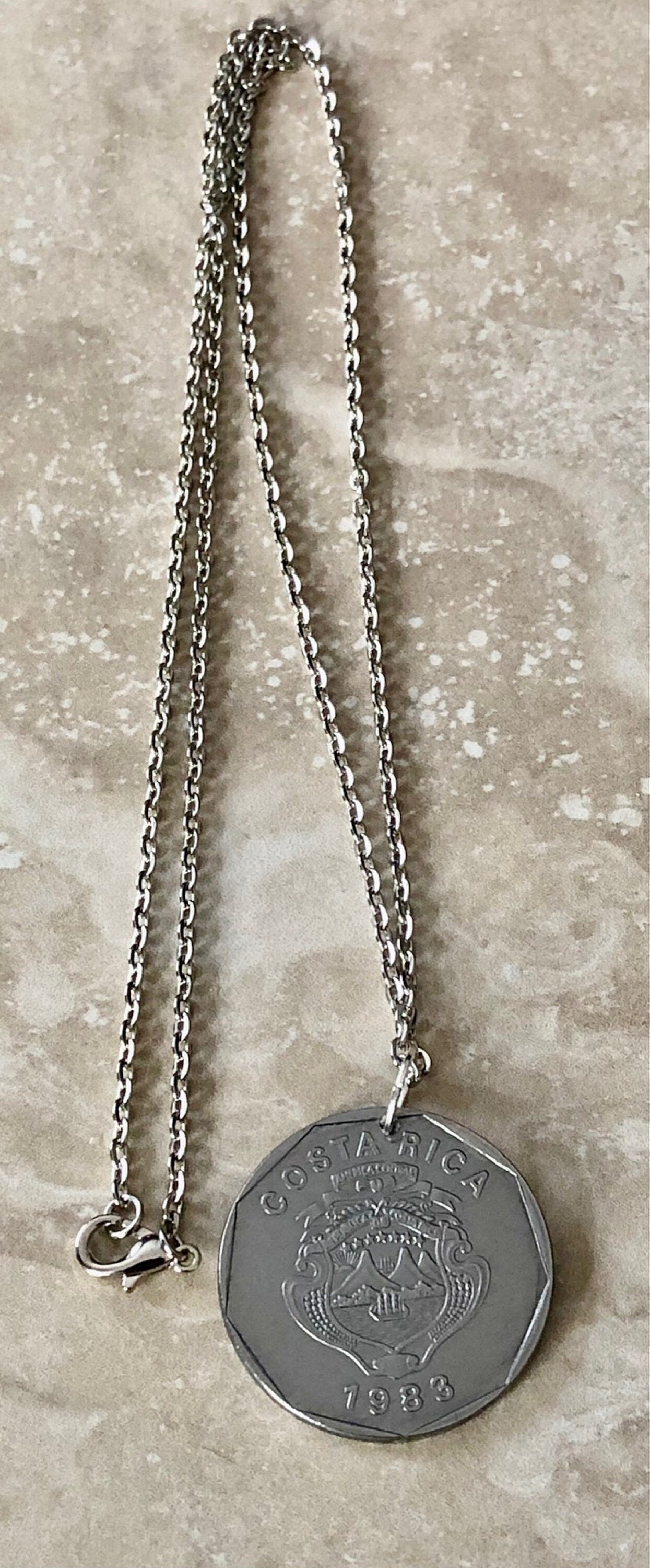 Costa Rica Coin Pendant Necklace 20 Colones B.C.C.R. Custom Made Rare coins - Coin Enthusiast Fashion Accessory Vintage