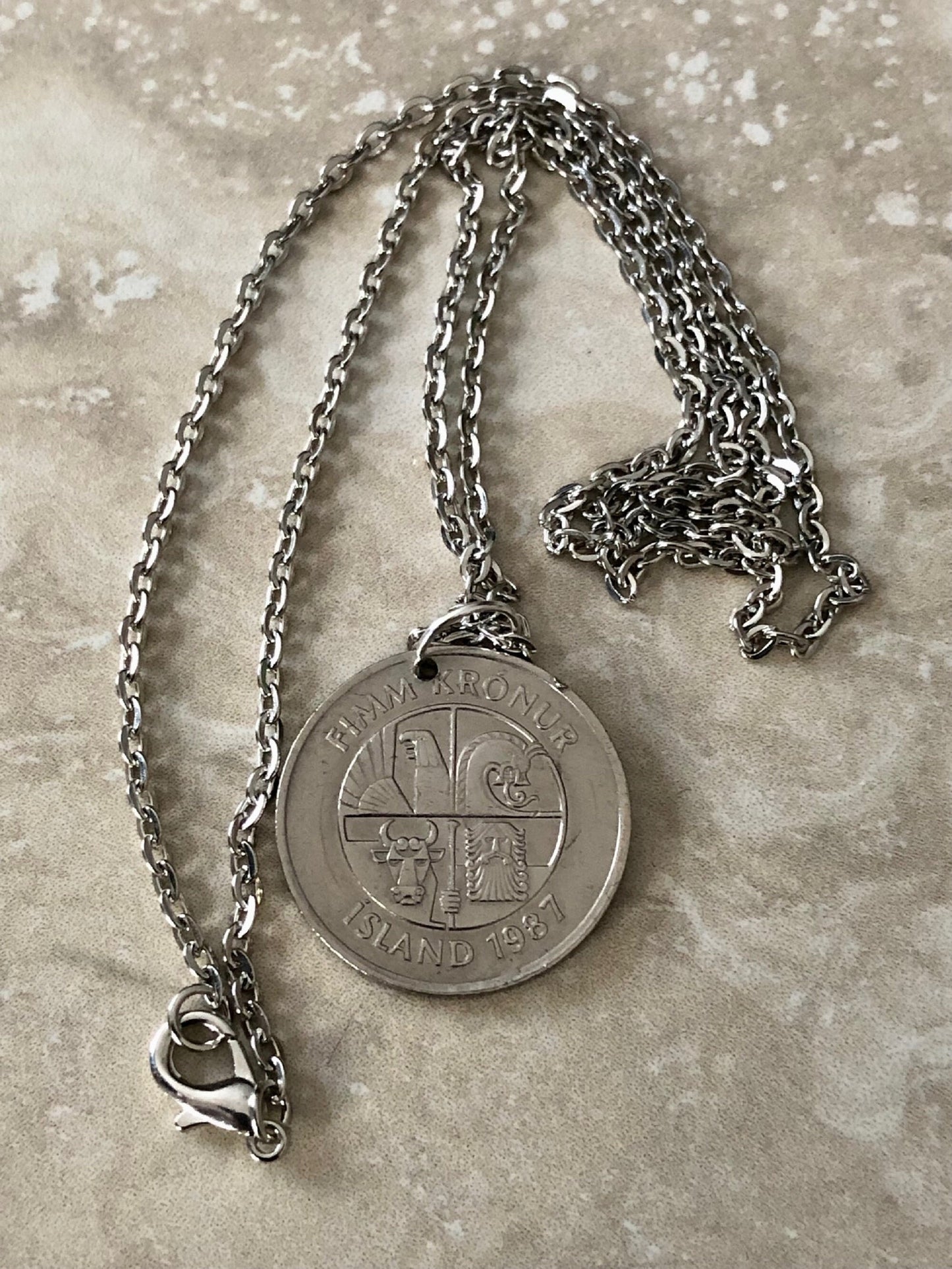 Iceland Coin Necklace 5 Kronur Icelandic Pendant Personal Old Vintage Handmade Jewelry Gift Friend Charm For Him Her World Coin Collector