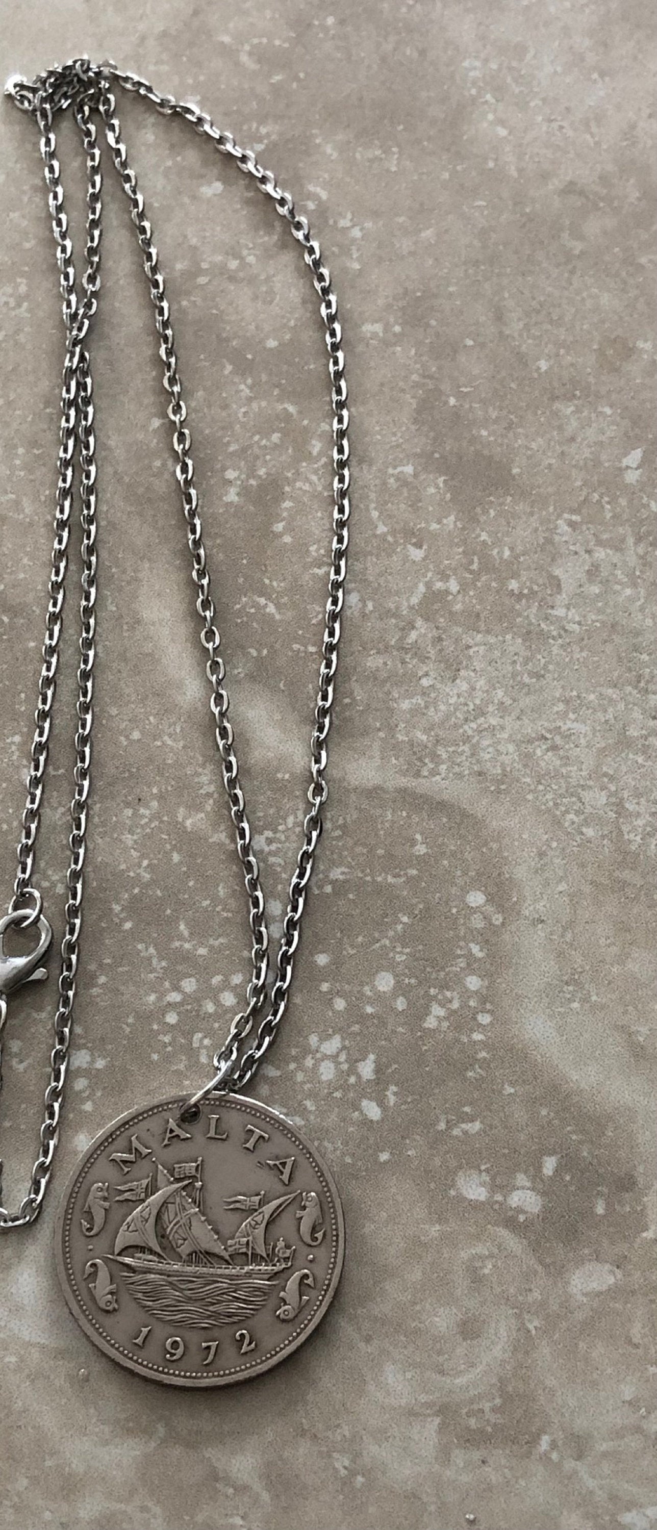 Malta Coin Necklace Maltese 10 Cent Boat and Dolphins Personal Vintage Handmade Jewelry Gift Friend Charm For Him Her World Coin Collector
