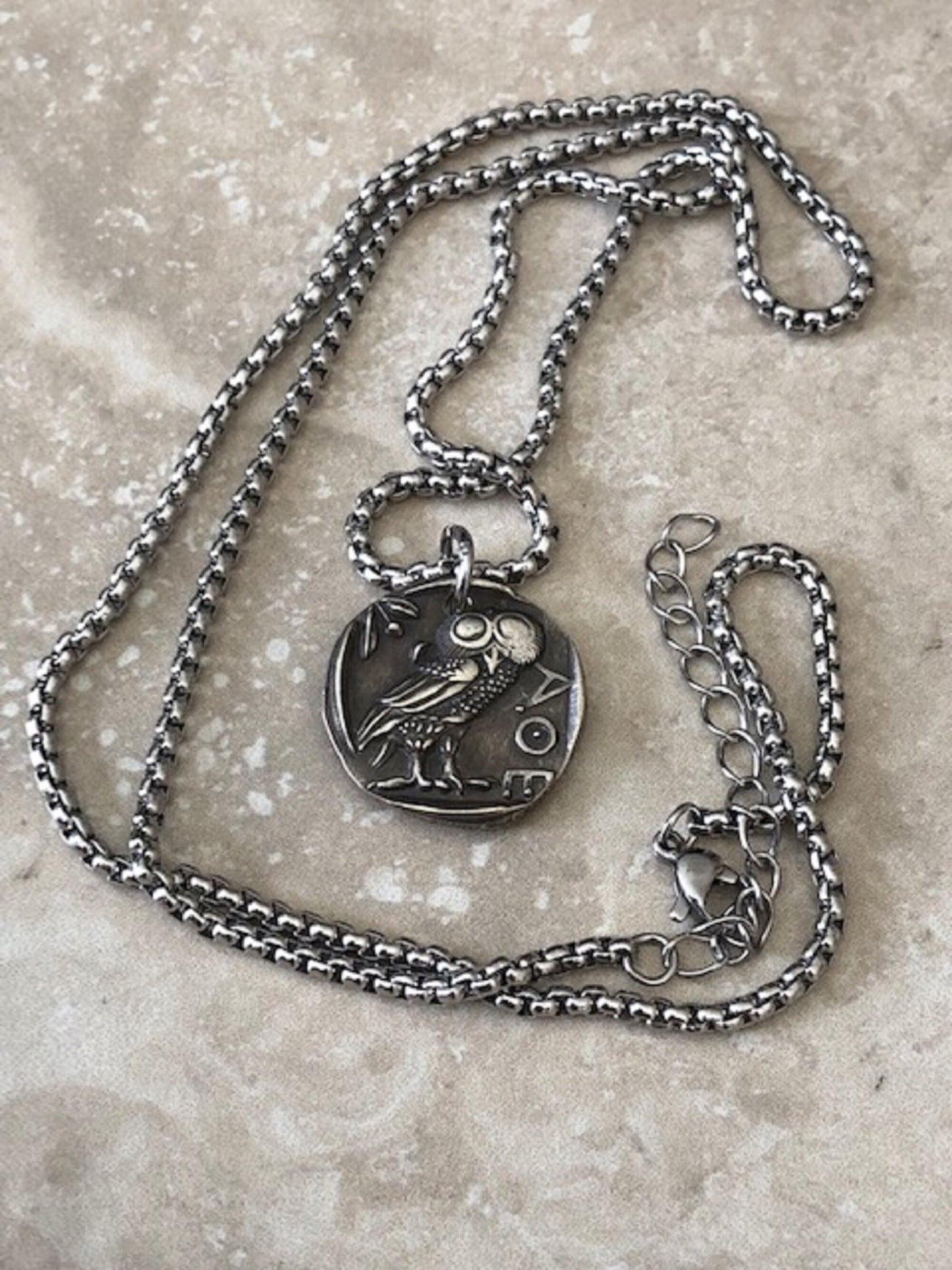 Owl Goddess Ancient Antique Wax Seal Greek Coin Necklace – Prudence, Wisdom, and Wit Pendant Jewelry, Charm From Made with Coins Hand Made