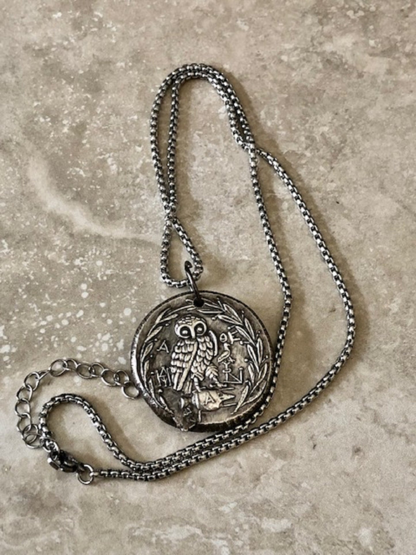 Owl Warrior Antique Ancient Greek Wax Seal Coin Necklace – Prudence, Wisdom, and Wit Pendant, Jewelry, Charm From Made with Coins Hand Made