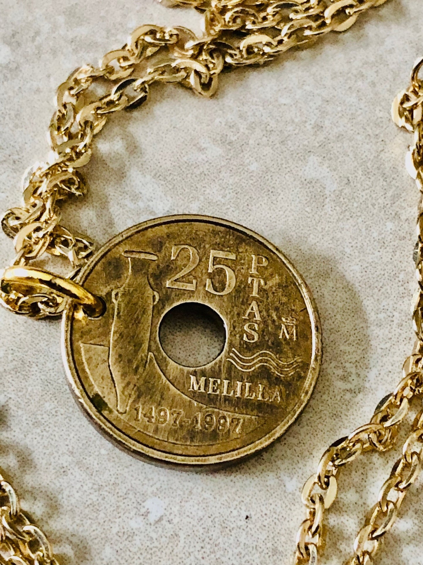 Spain Coin Necklace Spanish 25 PTAS Pendant Vintage Rare Coins Coin Enthusiast Fashion Accessory Handmade