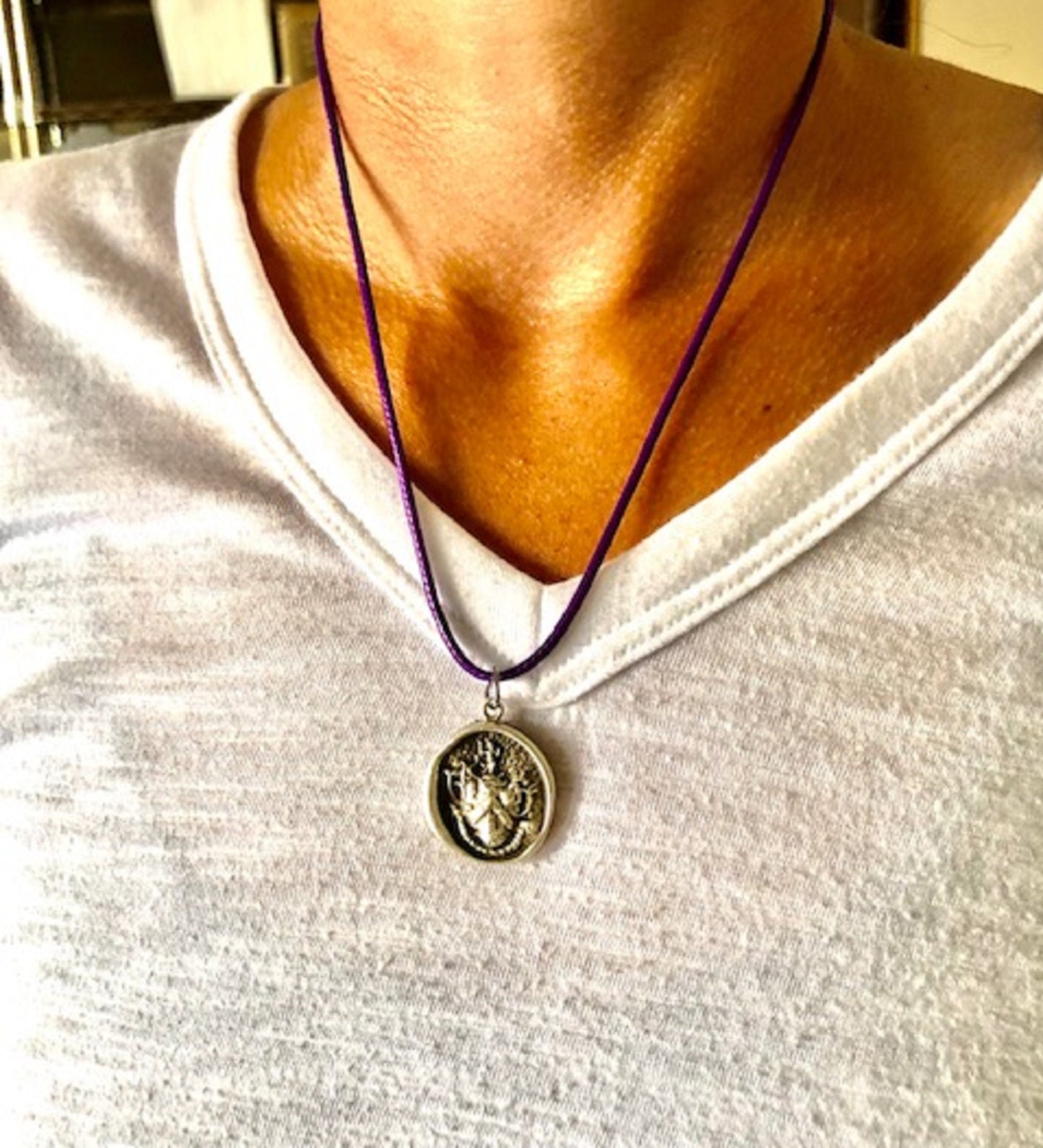 Silver Wax Seal Mermaids Crest Necklace Pendant–Seafarers–Sea- Balance - I have fought and conquered Antique Jewelry Charm Fascinations 103