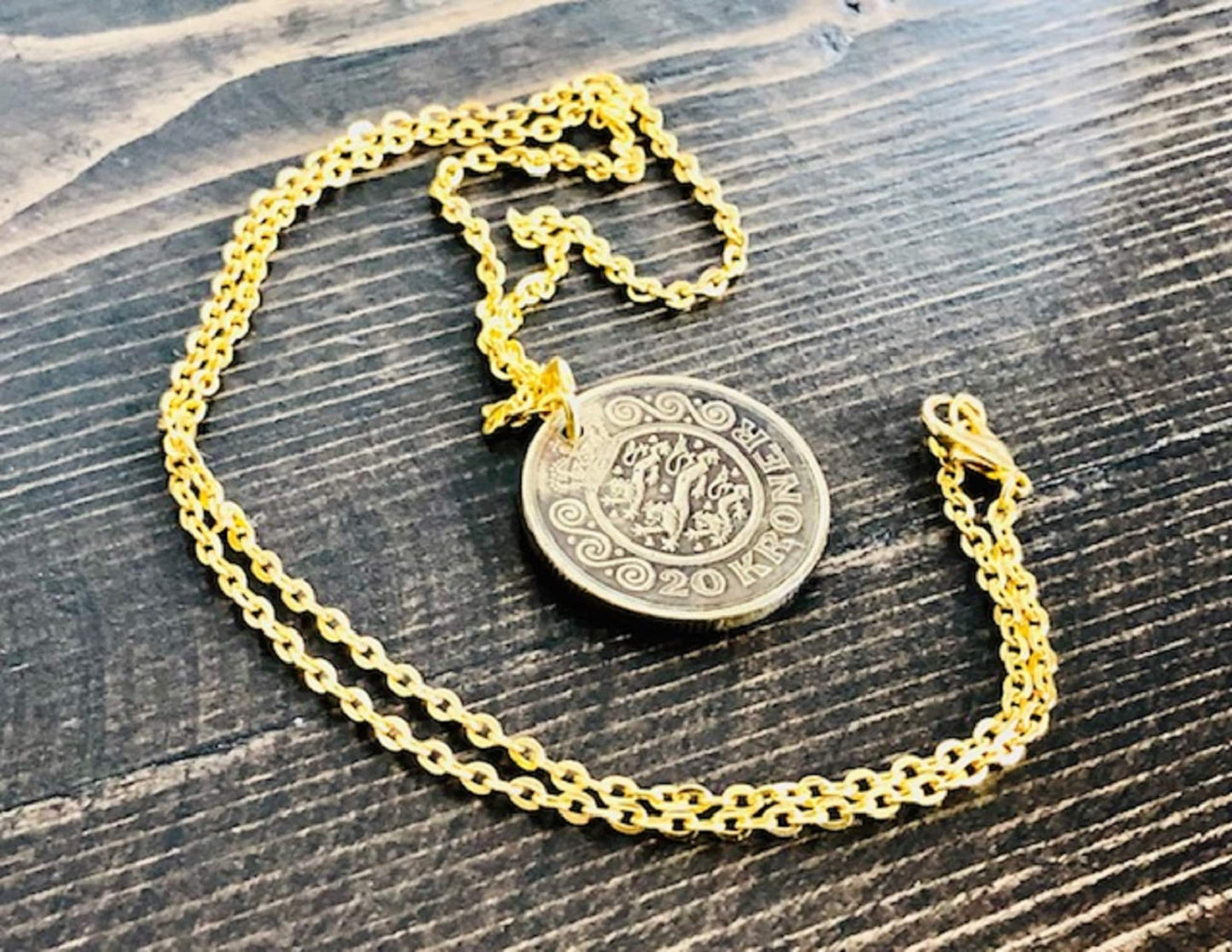 Denmark Coin Necklace Pendant 20 Kroner Danmark Personal Old Vintage Handmade Jewelry Gift Friend Charm For Him Her World Coin Collector