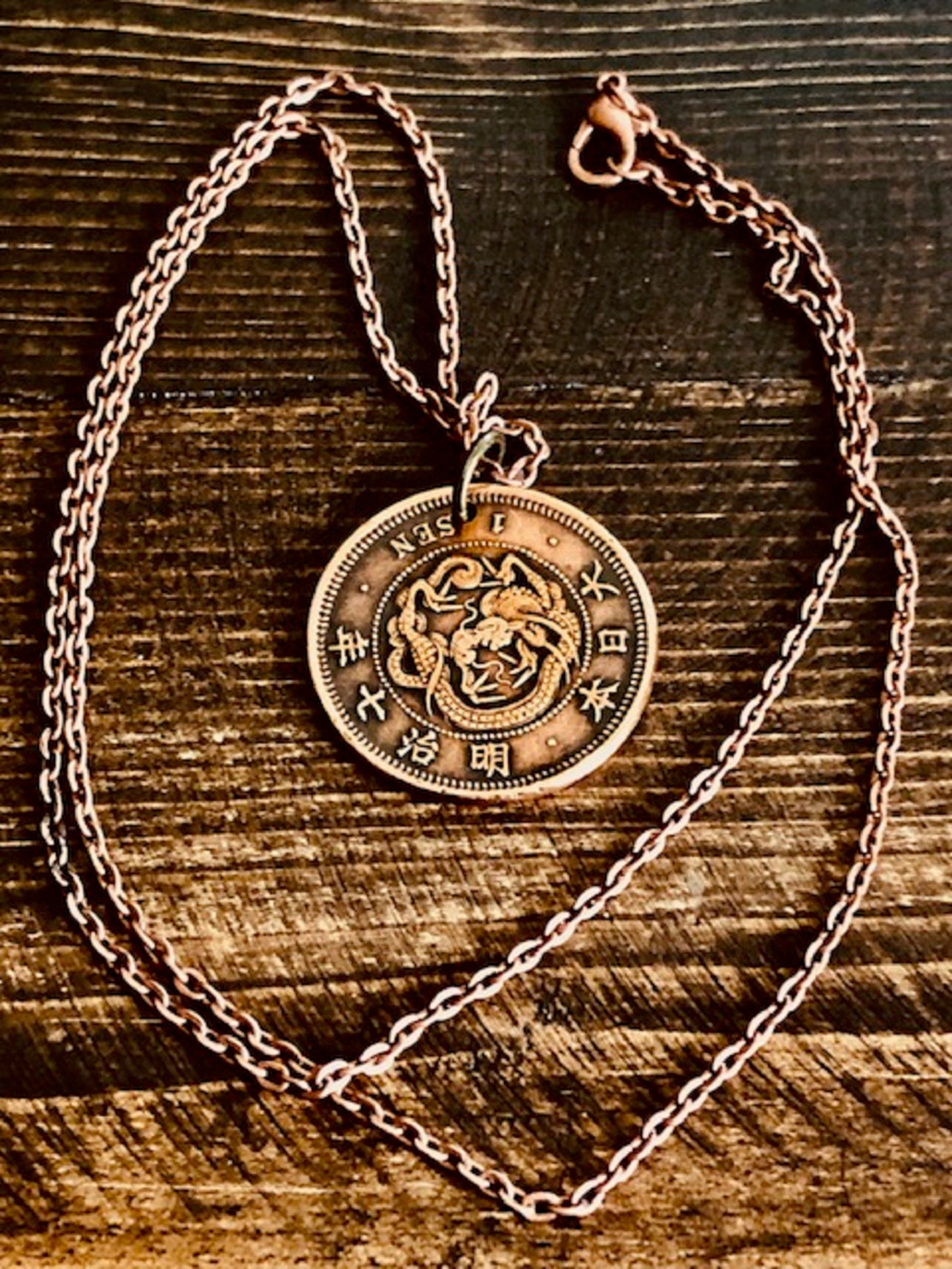 Asian Coin Pendant Necklace with Dragon 1 SEN Custom Made Vintage and Rare coins - Coin Enthusiast - Fashion Accessory