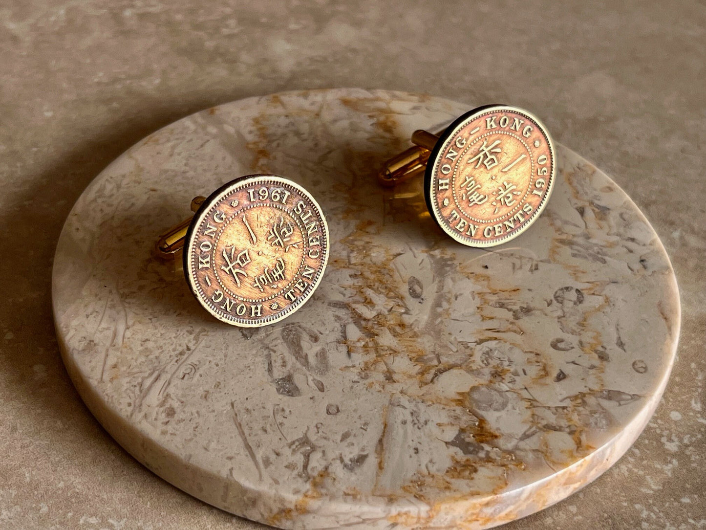 Hong Kong Coin Cuff Links China 10 Cents Custom Made Vintage and Rare coins - Coin Enthusiast - One-of-a-Kind - Coin Jewelry