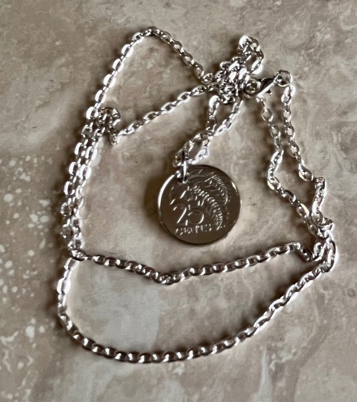 Trinidad and Tobago Mint Double Struck Coin Necklace 25 Cents Pendant Vintage Custom Made Coins Coin Enthusiast Fashion Accessory Handmade