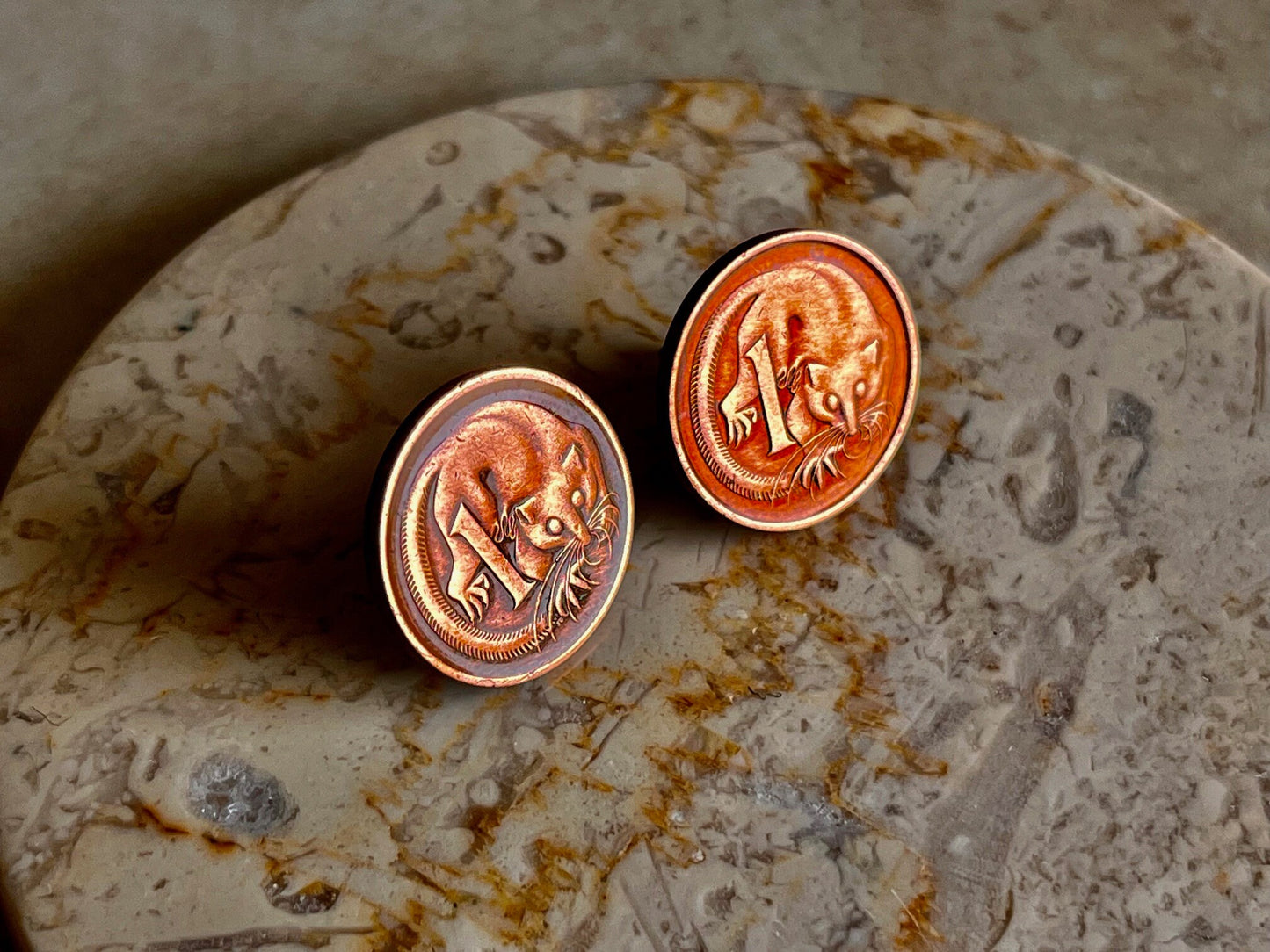 Australia Coin Earrings, Feathertail Glider Australian 1 Cent, Pygmy Gliding Possum, Custom Made - Coin Enthusiast Fashion Accessory