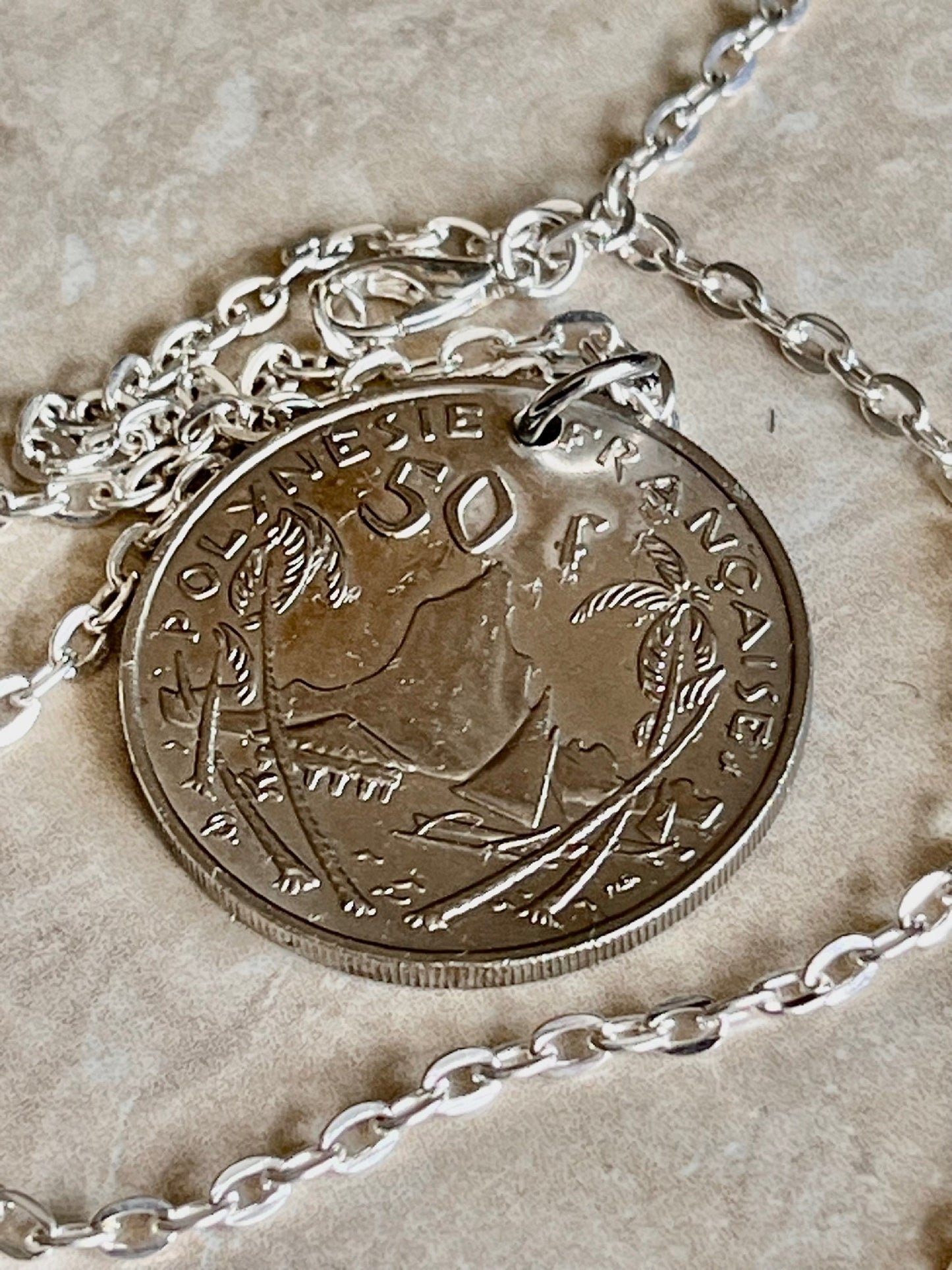 French Polynesia Coin Necklace 50 Francs Handmade Custom Made Charm Gift For Friend Coin Charm Gift For Him, Coin Collector, World Coins