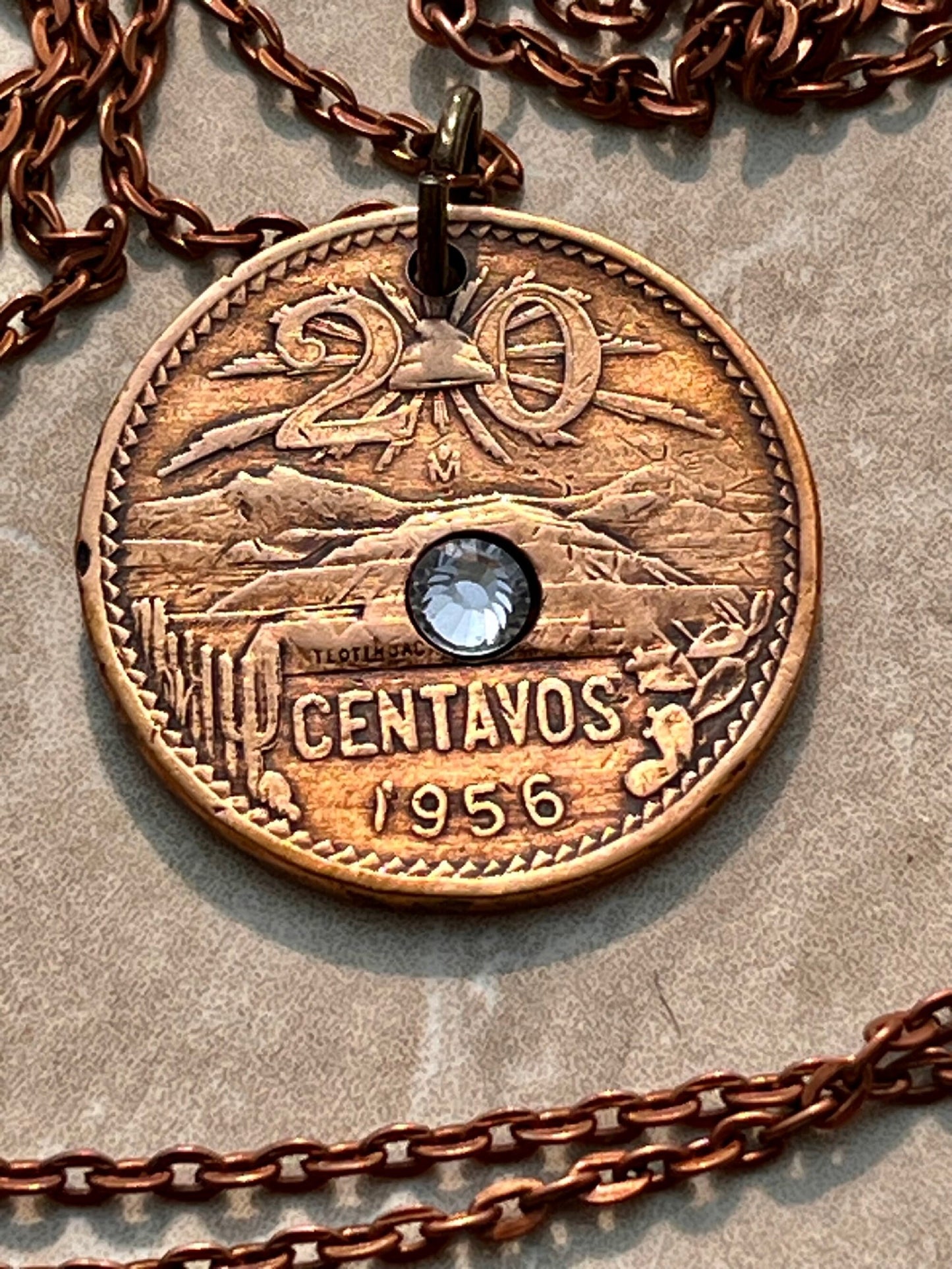 Mexico Coin Pendant Mexican 20 Centavos Necklace Rhinestone Charm Gift For Friend Coin Charm Gift For Him or Her Coin Collector, World Coins
