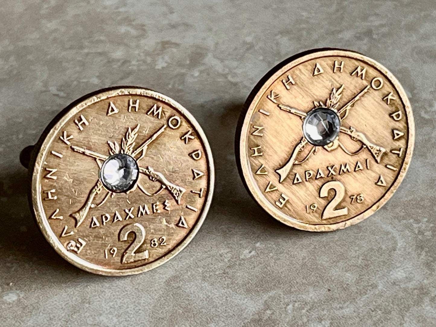 Greek Coin Cufflinks Greece 2 Drachmai Rhinestone Jewelry Charm Gift For Friend Cufflinks Charm Gift For Him, Her, World Coins Collector