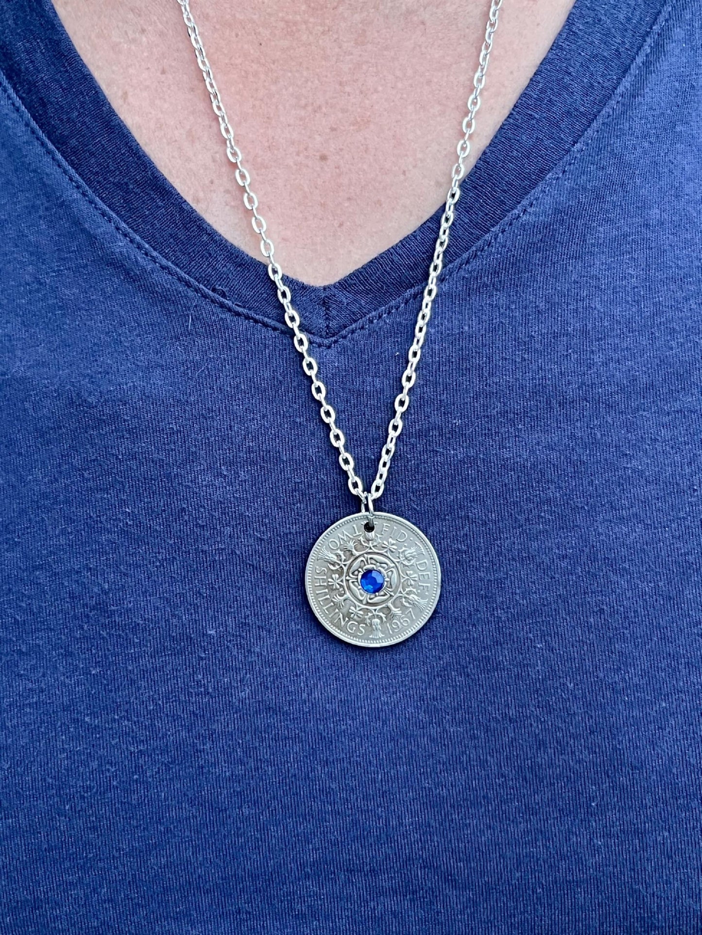 United Kingdom Coin Pendant 2 Shilling Coin Necklace Rhinestone Gift For Friend Coin Charm Gift For Him, Her, Coin Collector, World Coins