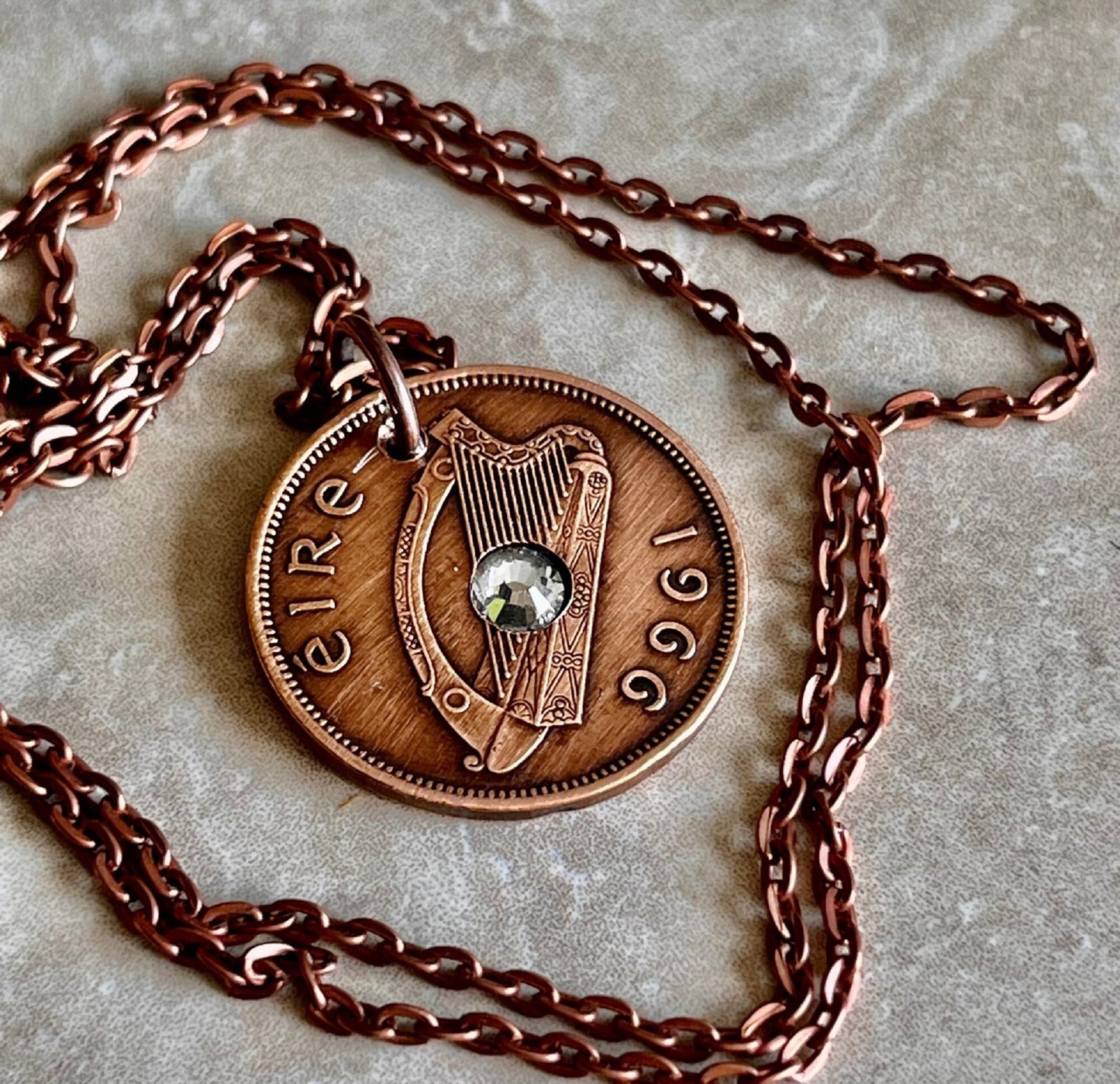 Ireland Coin Pendant 1/2 Pingin Irish Piglet Harp Necklace Rhinestone Gift For Friend Charm Gift For Him, Her, Coin Collector, World Coins