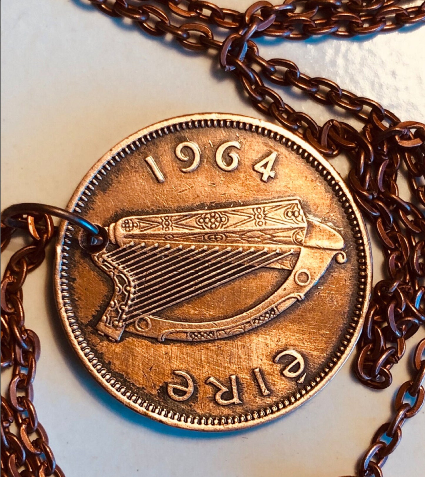 Ireland Coin Pendant 2 Pence Irish Harp Coin Necklace Rhinestone Gift For Friend Coin Charm Gift For Him, Her, Coin Collector, World Coins