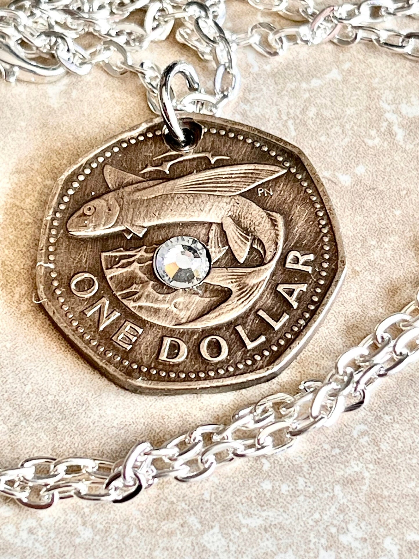 Barbados Coin Necklace One Dollar Shark Rhinestone Pendant Custom Charm Gift For Friend Charm Gift For Him, Her, Coin Collector, World Coins