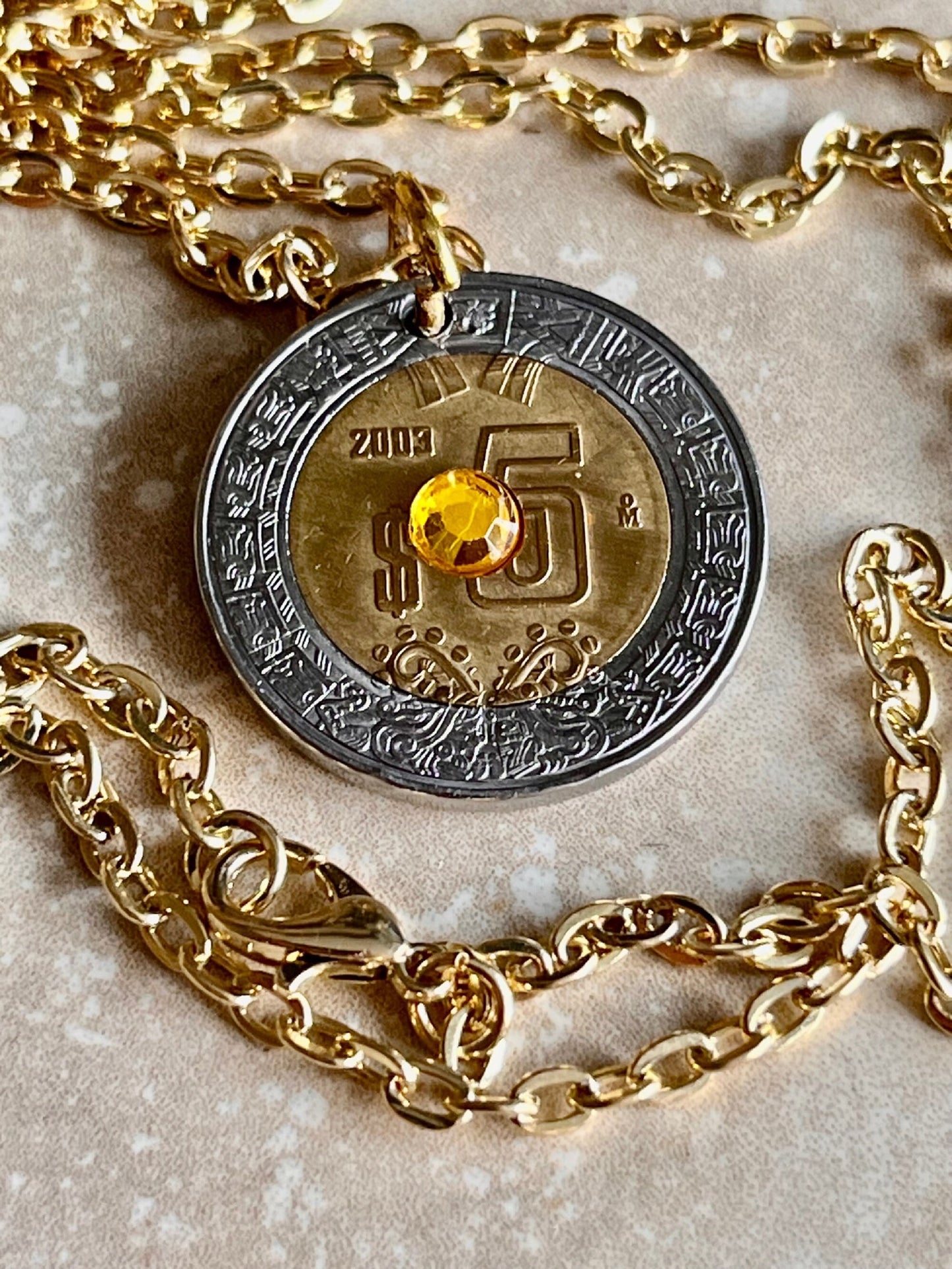 Mexico Coin Pendant Mexican 5 Dollar Necklace Rhinestone Coin Charm Gift For Friend Charm Gift For Him, Her, Coin Collector, World Coins