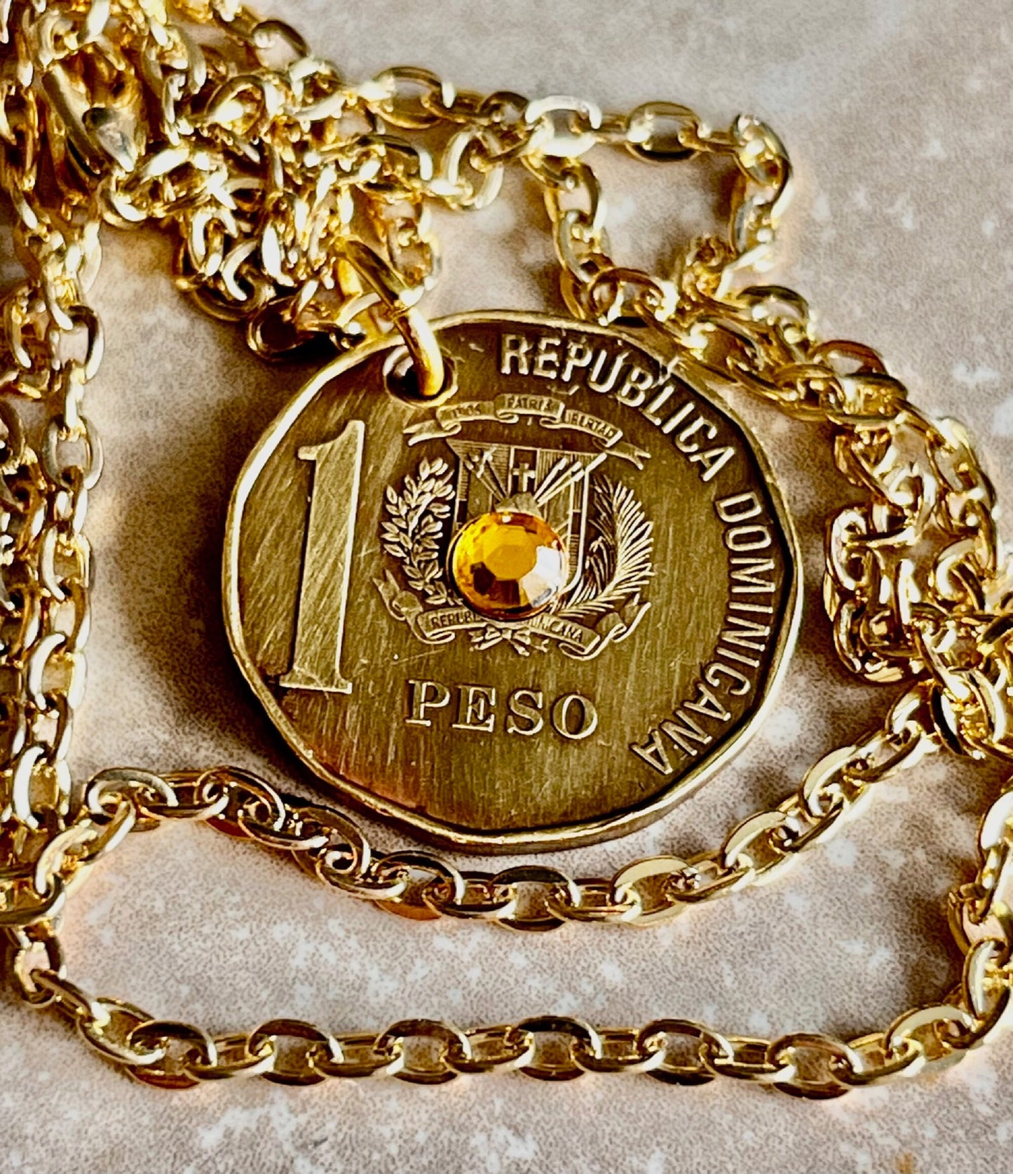 Dominican Republic Coin Pendant 1 Peso Rhinestone Necklace Charm Gift For Friend Coin Charm Gift For Him, Her, Coin Collector, World Coins