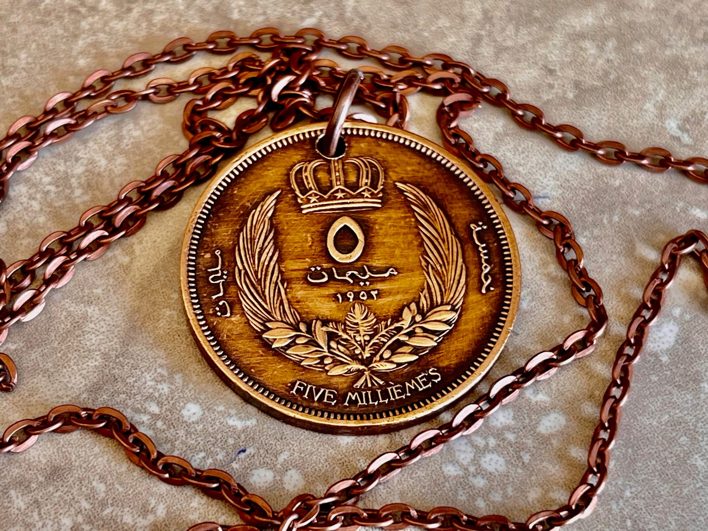 Libya Coin Pendant Libyan 5 Milliemes Personal Necklace Old Vintage Handmade Jewelry Gift Friend Charm For Him Her World Coin Collector