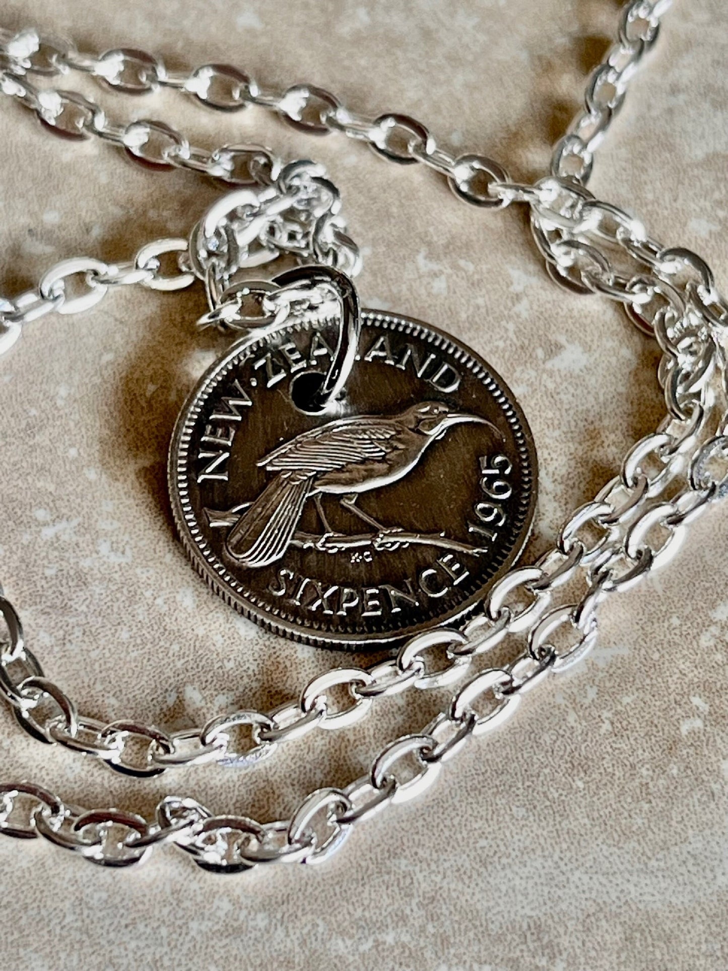 New Zealand Six Pence Coin Necklace Huia Bird Pendant Personal Vintage Handmade Jewelry Gift Friend Charm For Him Her World Coin Collector