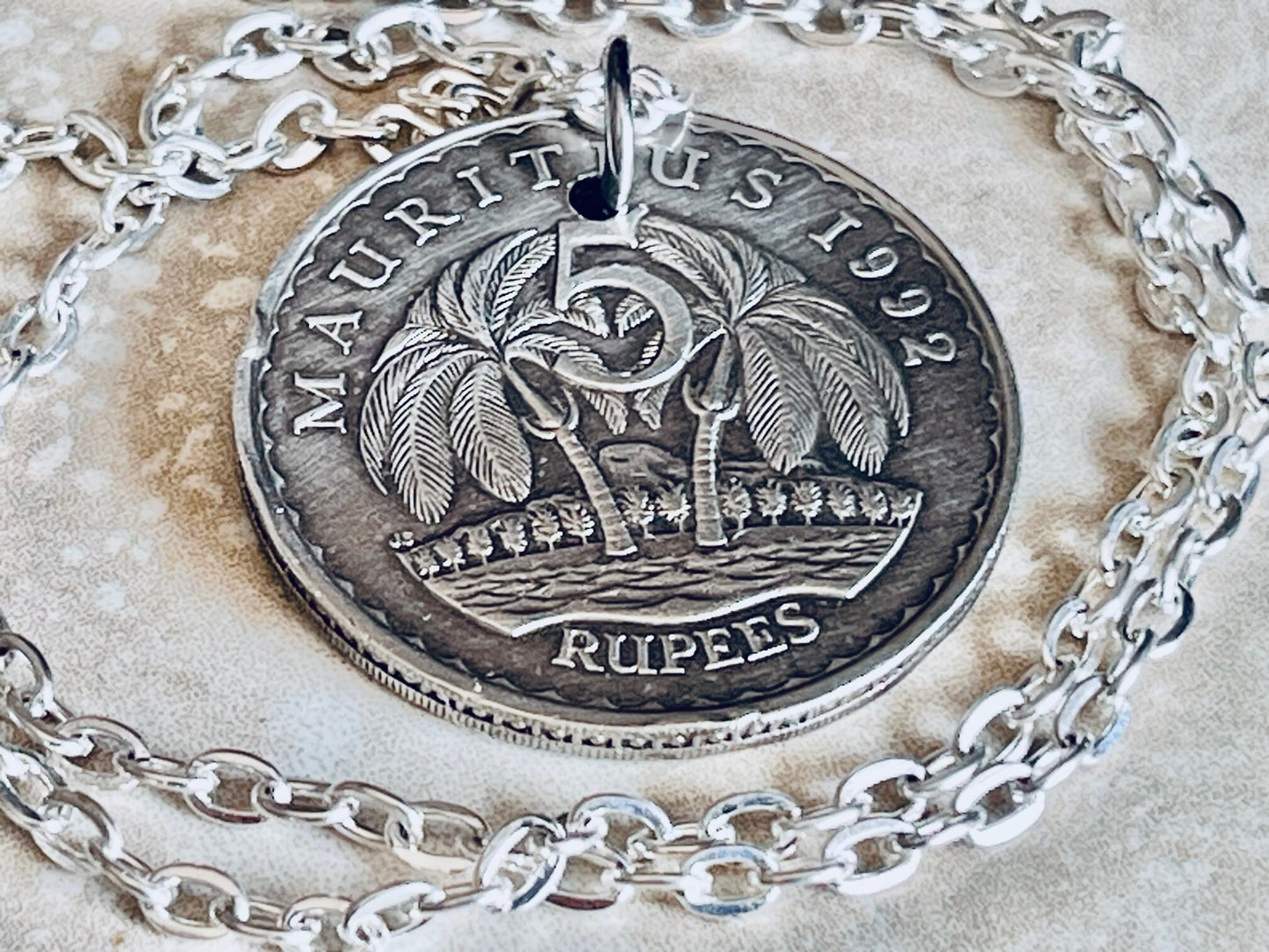 Mauritius Coin Pendant Five Rupee Coin Personal Necklace Old Vintage Handmade Jewelry Gift Friend Charm For Him Her World Coin Collector