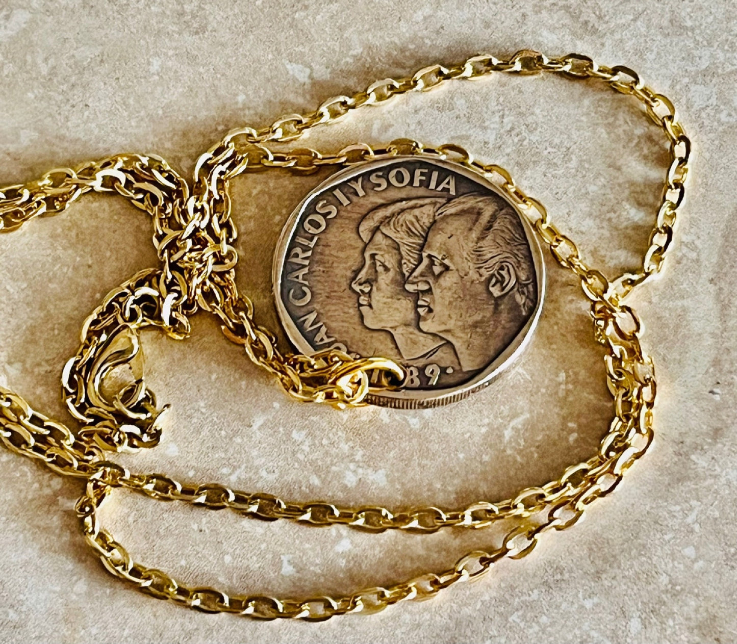 Spain Coin Necklace Spanish 500 Pesetas Espana Personal Old Vintage Handmade Jewelry Gift Friend Charm For Him Her World Coin Collector