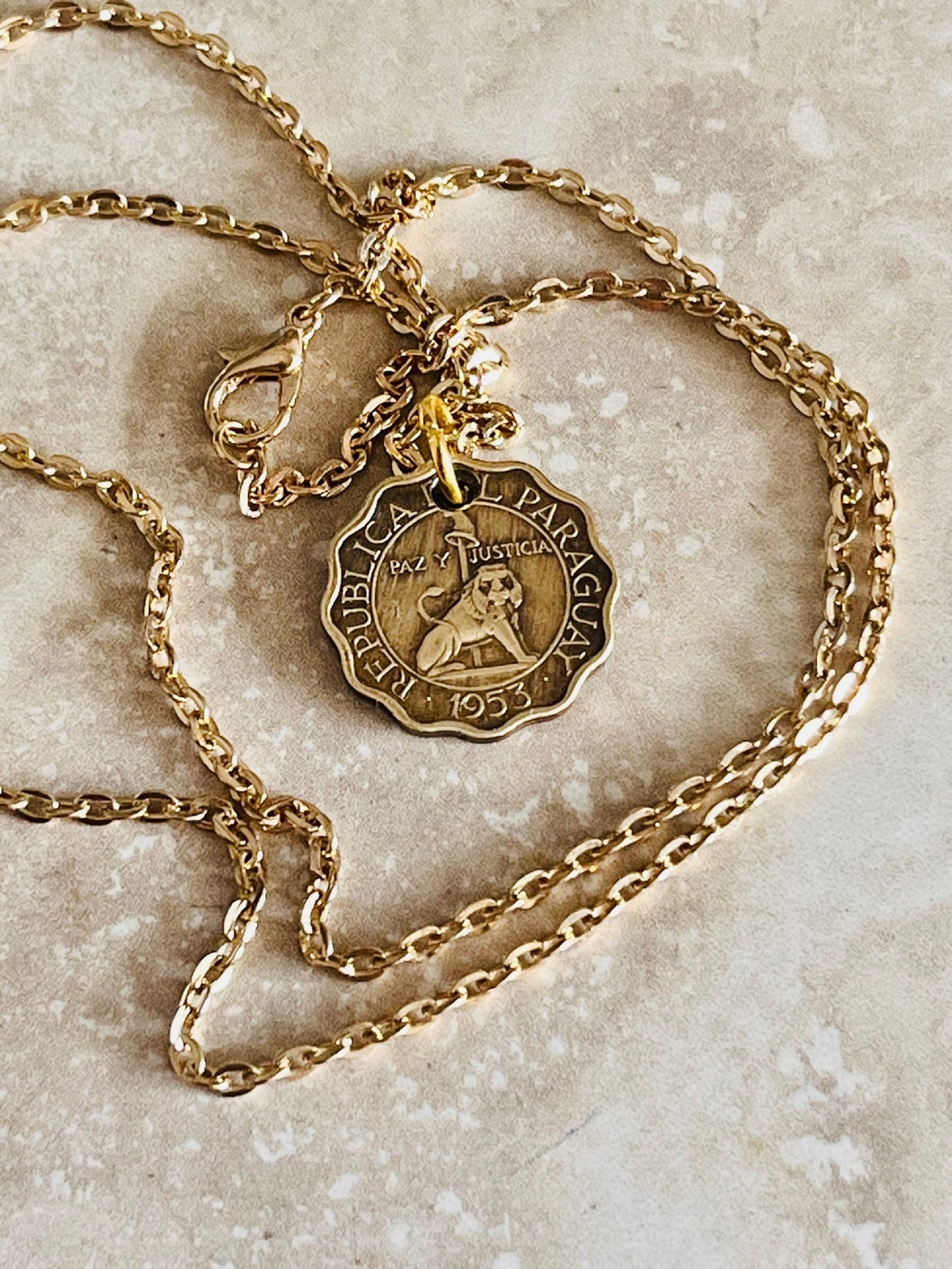 Paraguay Coin Necklace Pendant 15 Centimos Personal Handmade Jewelry Gift Friend Charm For Him Her World Coin Collector