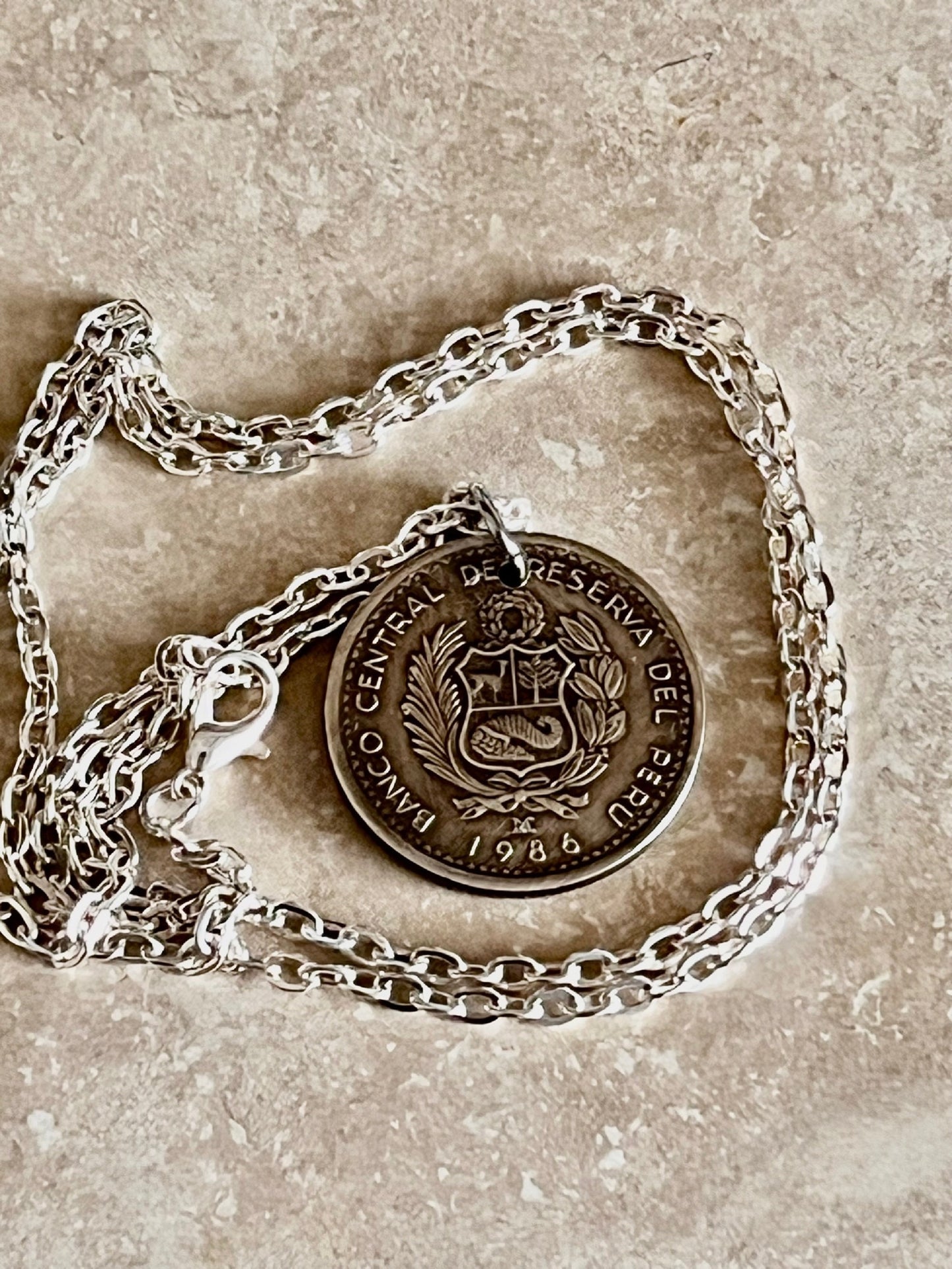 Peru Coin Pendant Peruvian Cinco Intis Personal Necklace Old Vintage Handmade Jewelry Gift Friend Charm For Him Her World Coin Collector