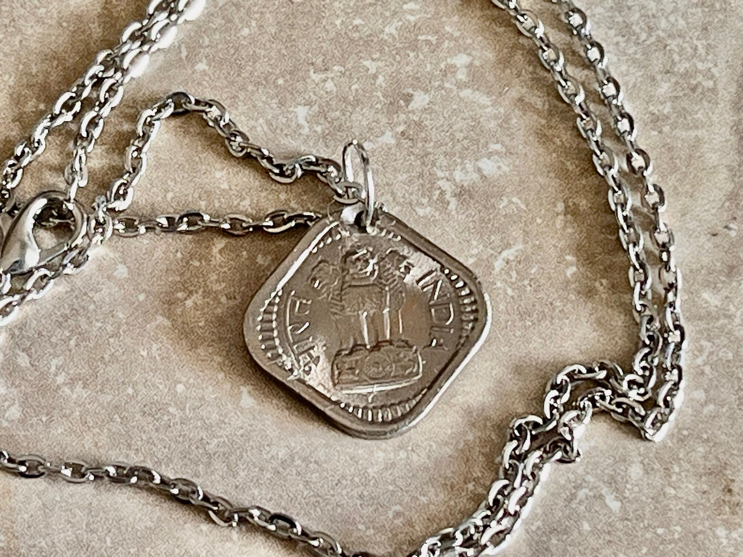 India Coin Necklace Indian East India 5 Annas Square Coin Personal Handmade Jewelry Gift Friend Charm For Him Her World Coin Collector