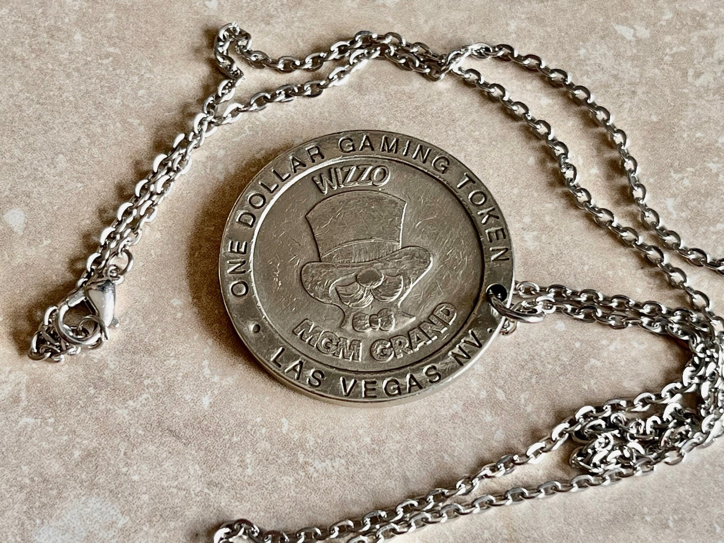 MGM Grand Gaming Token Coin Necklace Pendant Necklace Personal Vintage Handmade Jewelry Gift Friend Charm For Him Her World Coin Collector