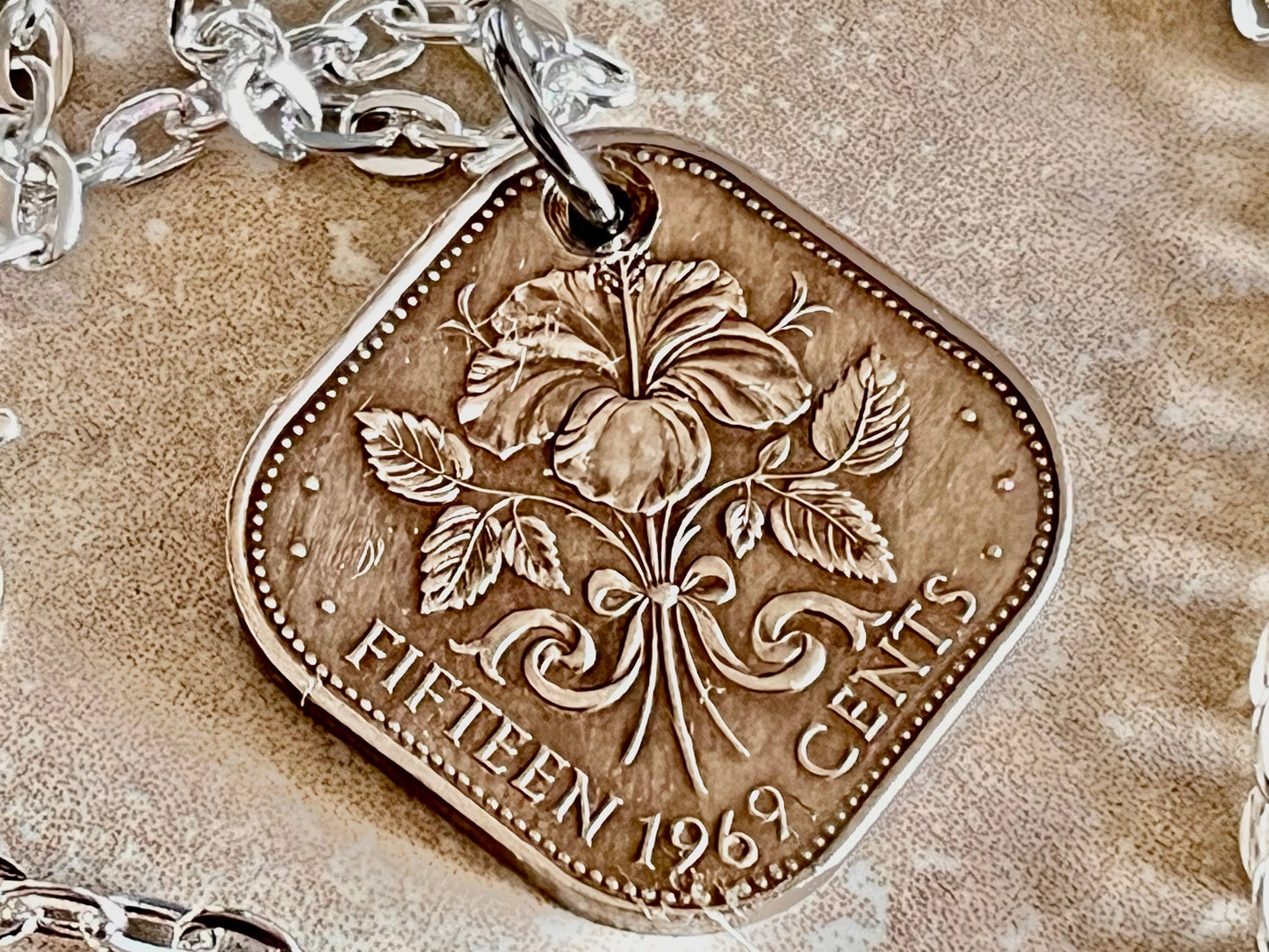 Bahamas Coin Necklace 15 Cents Square Coin Pendant Personal Old Vintage Handmade Jewelry Gift Friend Charm For Him Her World Coin Collector
