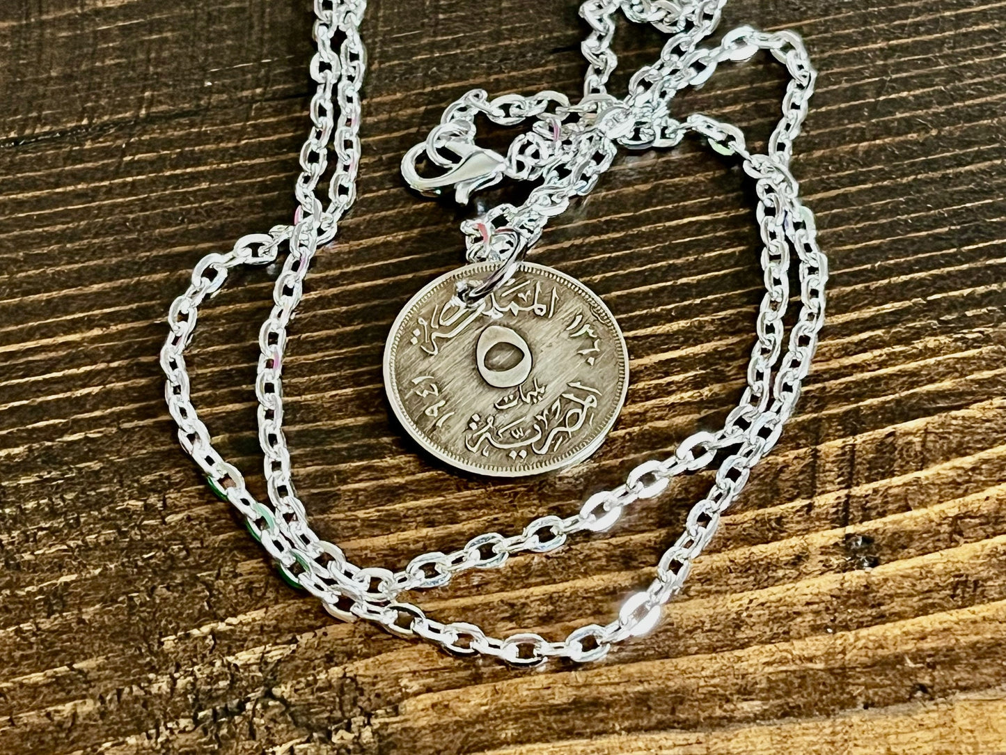 Egypt Coin Necklace Egyptian Pendant 5 Milliemes - Farouk Vintage Handmade Jewelry Gift Friend Charm For Him Her World Coin Collector