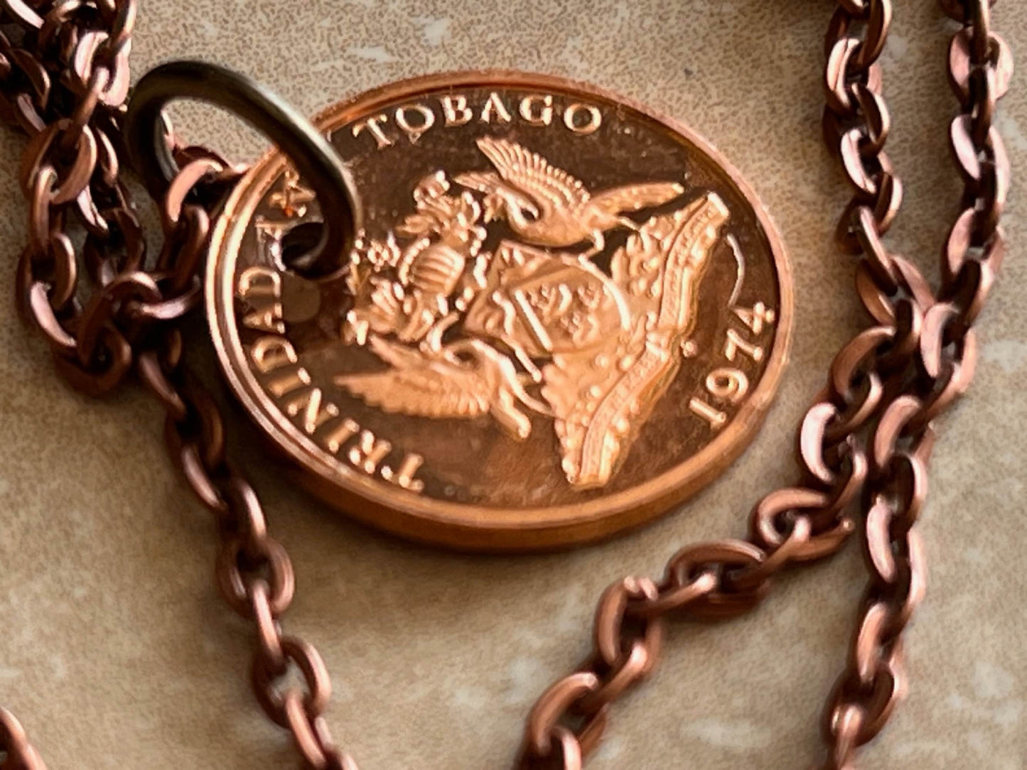 Trinidad and Tobago Coin Necklace From A Mint Set, 1 Cent Pendant Vintage Custom Made Rare Coins Coin Enthusiast Fashion Accessory Handmade