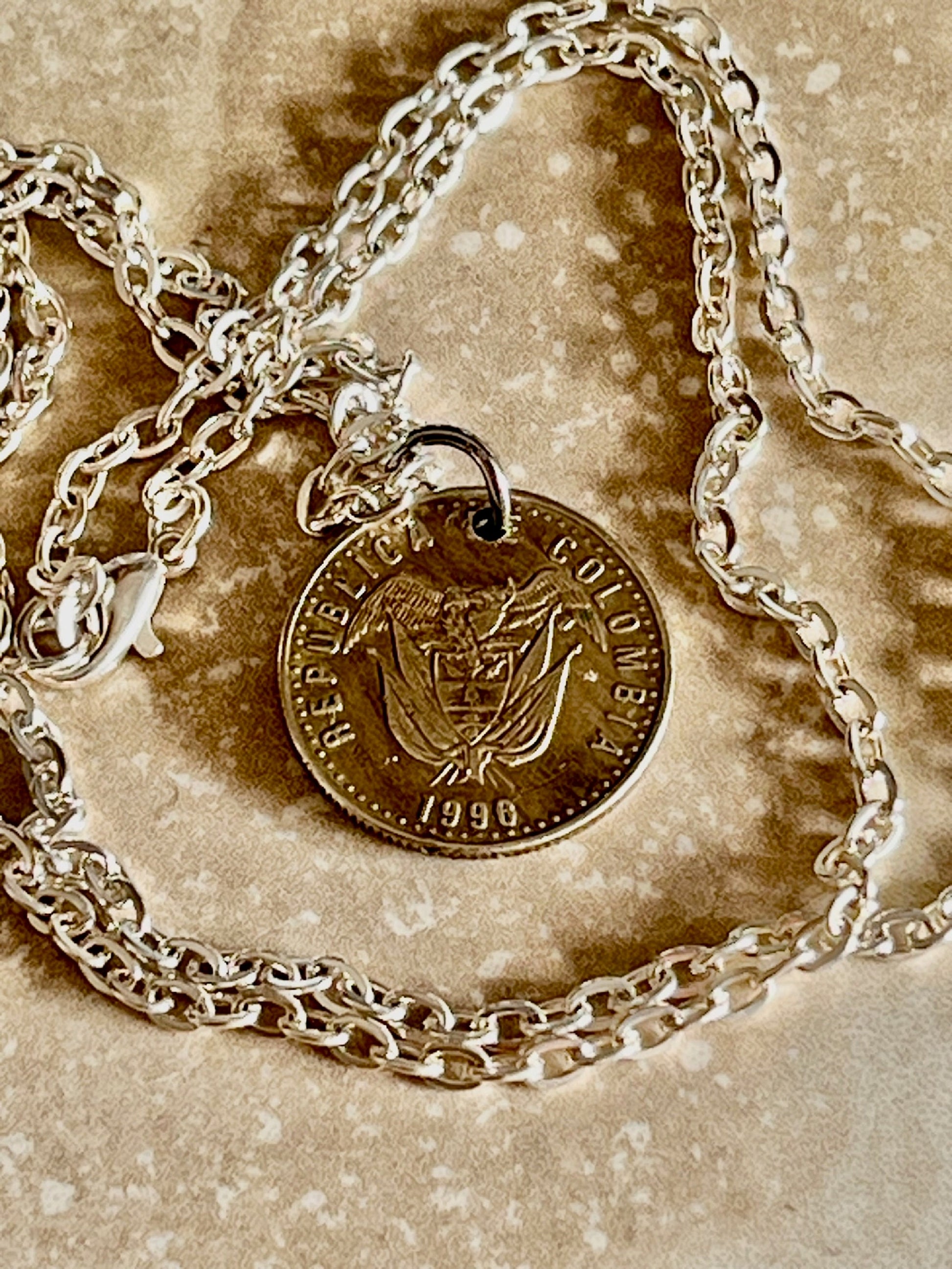 Colombia Coin Necklace Columbian Pendant 50 Pesos Personal Old Vintage Handmade Jewelry Gift Friend Charm For Him Her World Coin Collector