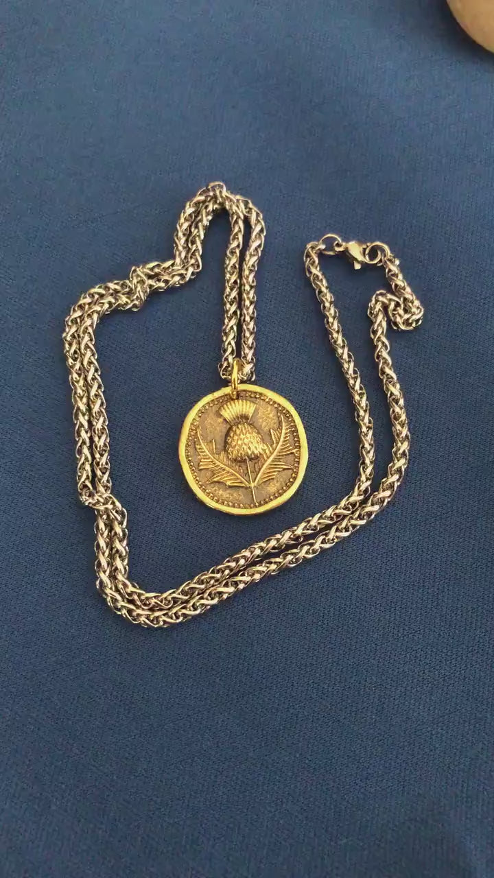 Antique Wax Seal Brass Scottish Thistle Pendant Necklace, Bravery, Courage, Loyalty, Patience, Strength, Protection, Scotland Charm 139