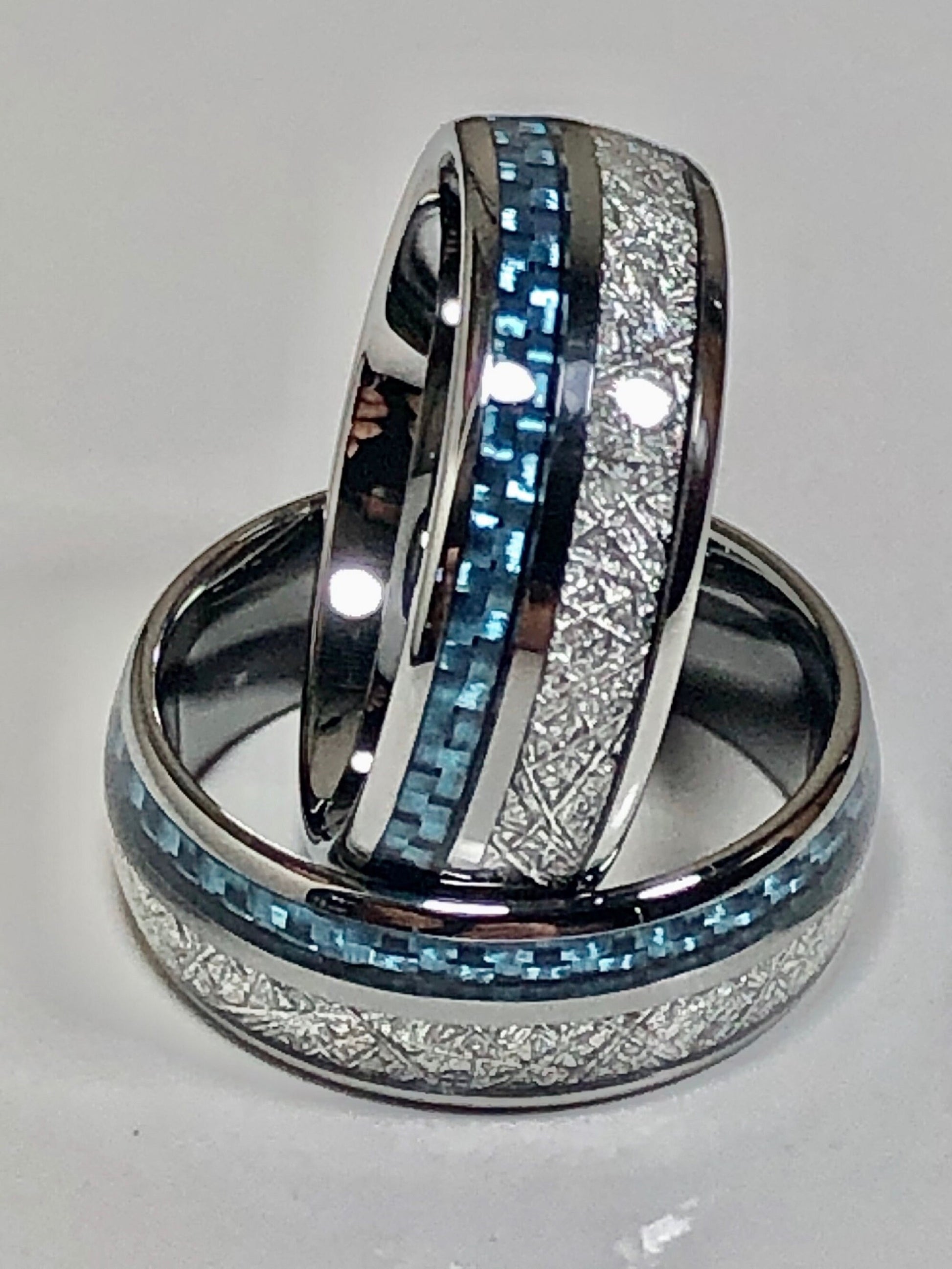 Silver Meteorite Ring Tungsten Carbide - Band with Blue Carbon Inlay - Anniversary & Wedding - Friendship - Just Because - Birthday