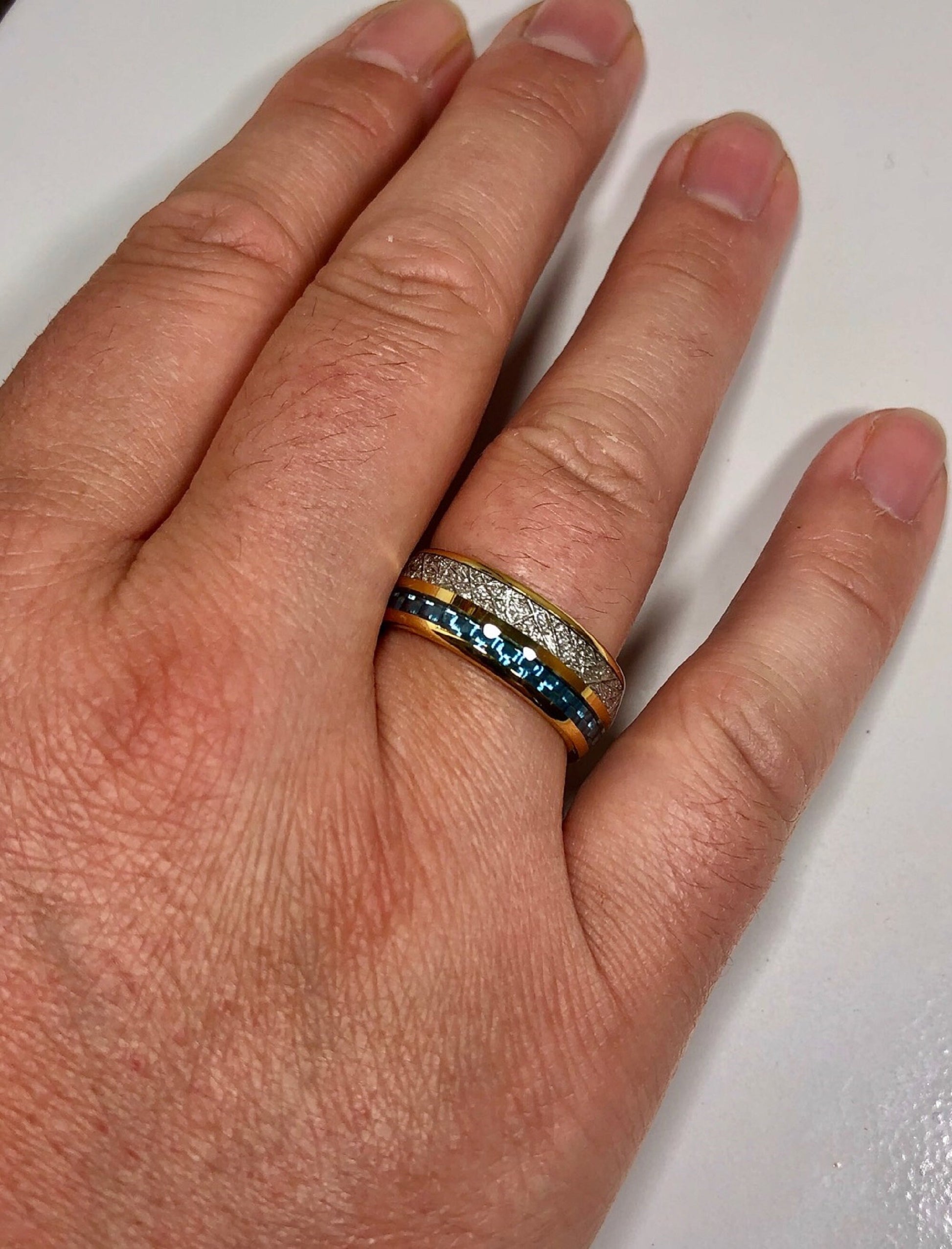 Silver Meteorite Ring Tungsten Carbide - Band with Blue Carbon Inlay - Anniversary & Wedding - Friendship - Just Because - Birthday