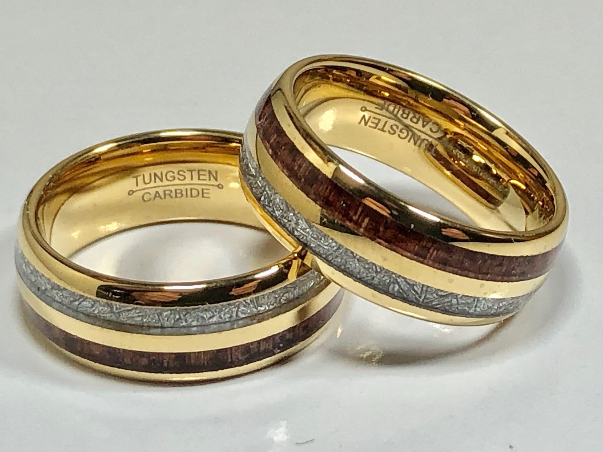 Tungsten Meteorite Ring Tungsten Carbide Ring - Gold band with Meteorite and Hawaiian Koa Wood Inlay - Engagement - Anniversary - Wedding