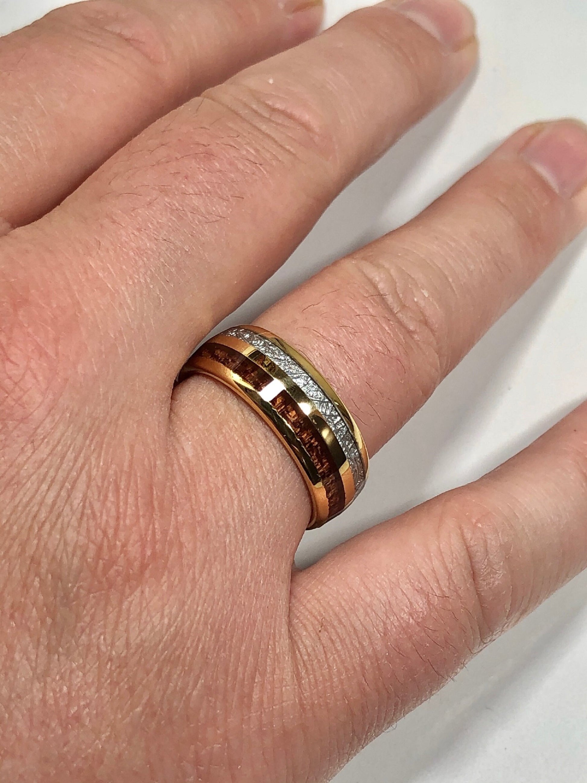 Tungsten Meteorite Ring Tungsten Carbide Ring - Gold band with Meteorite and Hawaiian Koa Wood Inlay - Engagement - Anniversary - Wedding