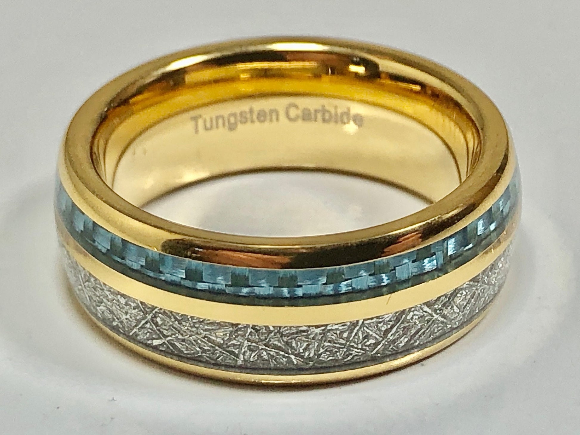 Tungsten Carbide Meteorite Inlay Ring - Blue - Gold colored band - Anniversary & Wedding, Friendship, Mother's Day, Just Because