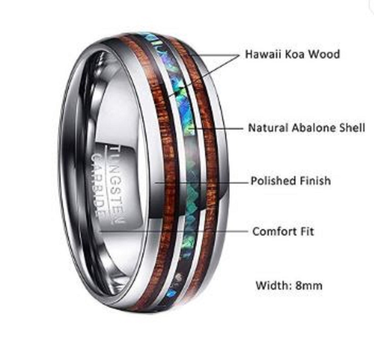 Hawaiian Koa Ring Tungsten Carbide - Silver band Natural Abalone Shell & Hawaiian Koa Wood Inlay - Engagement - Anniversary - Wedding